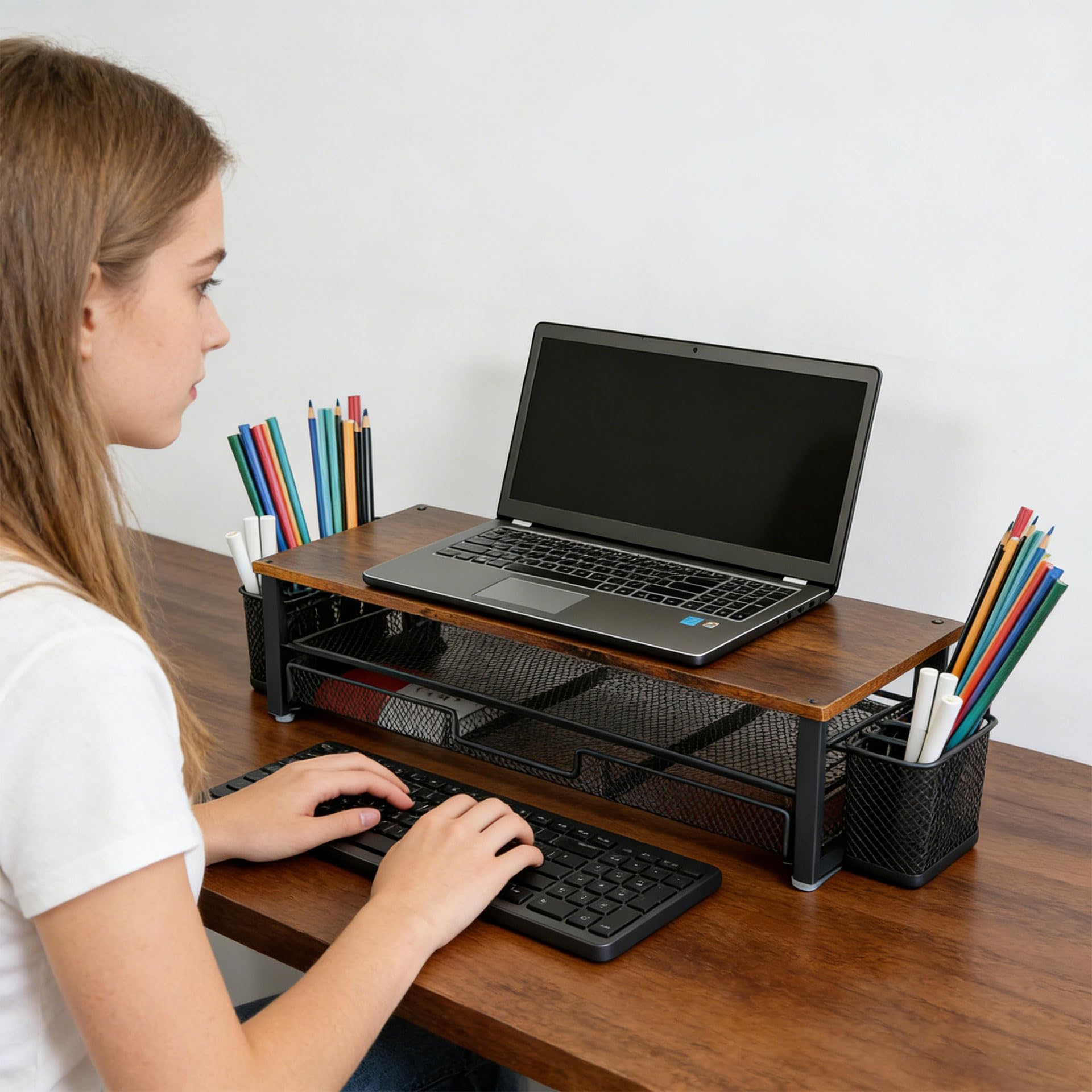 Piattaforma espositiva moderna larga 48,5 cm con cassetto integrato e supporti per accessori per scrivania ordinata casa ufficio planner