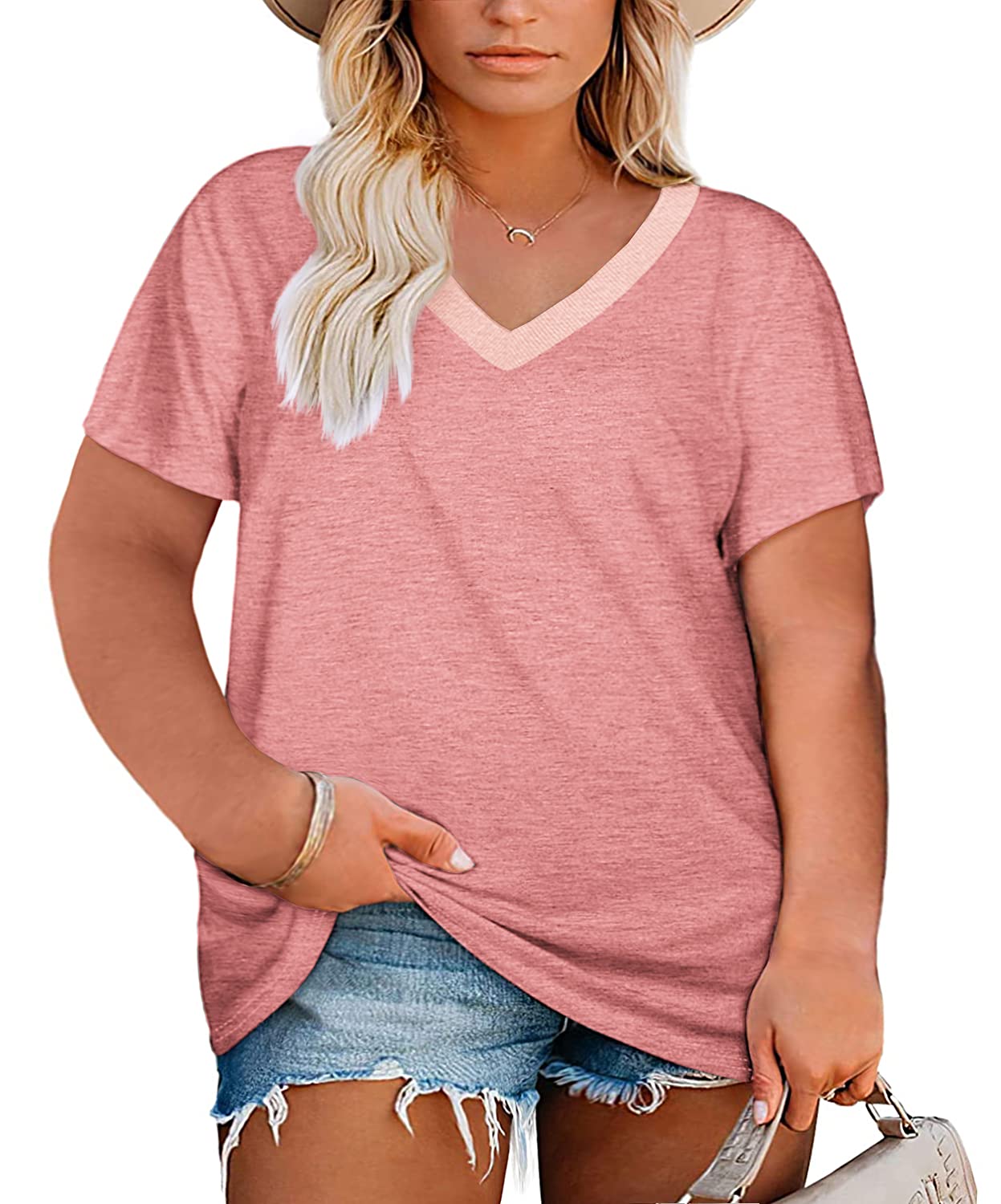 plus size tops for women short sleeve sexy v neck t shirt casual summer loose fit cotton tees