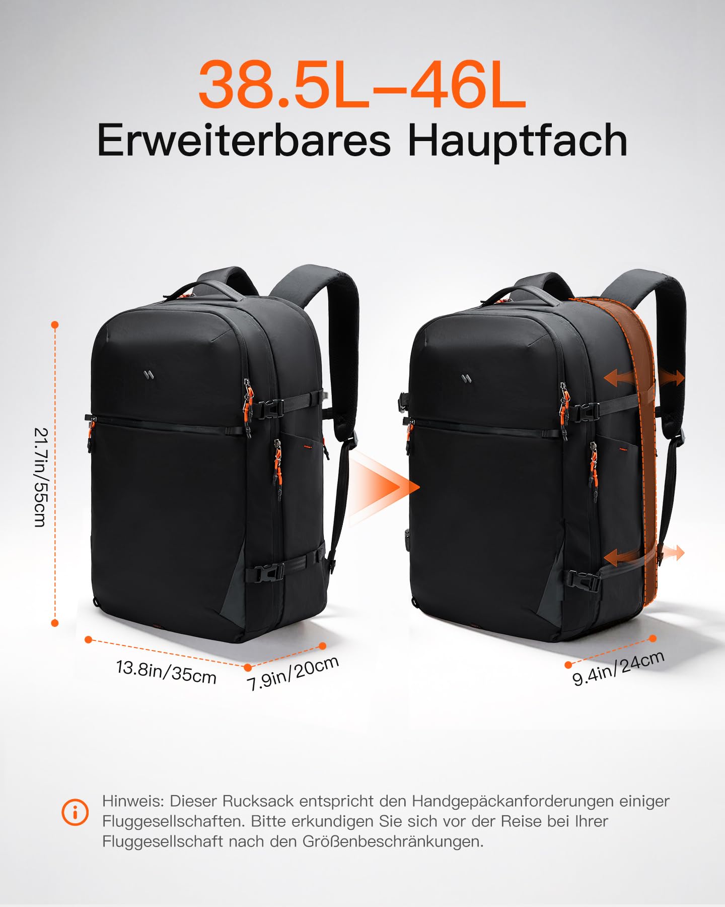 Inateck Leichter Reiserucksack 38.5-46L, Erweiterbarer Handgepäck Rucksack | Spritzwassergeschützt TSATravel Backpack Herren für 16 Zoll Laptop, Hauptfach um 180° öffnen, für Business, Weekender Trip