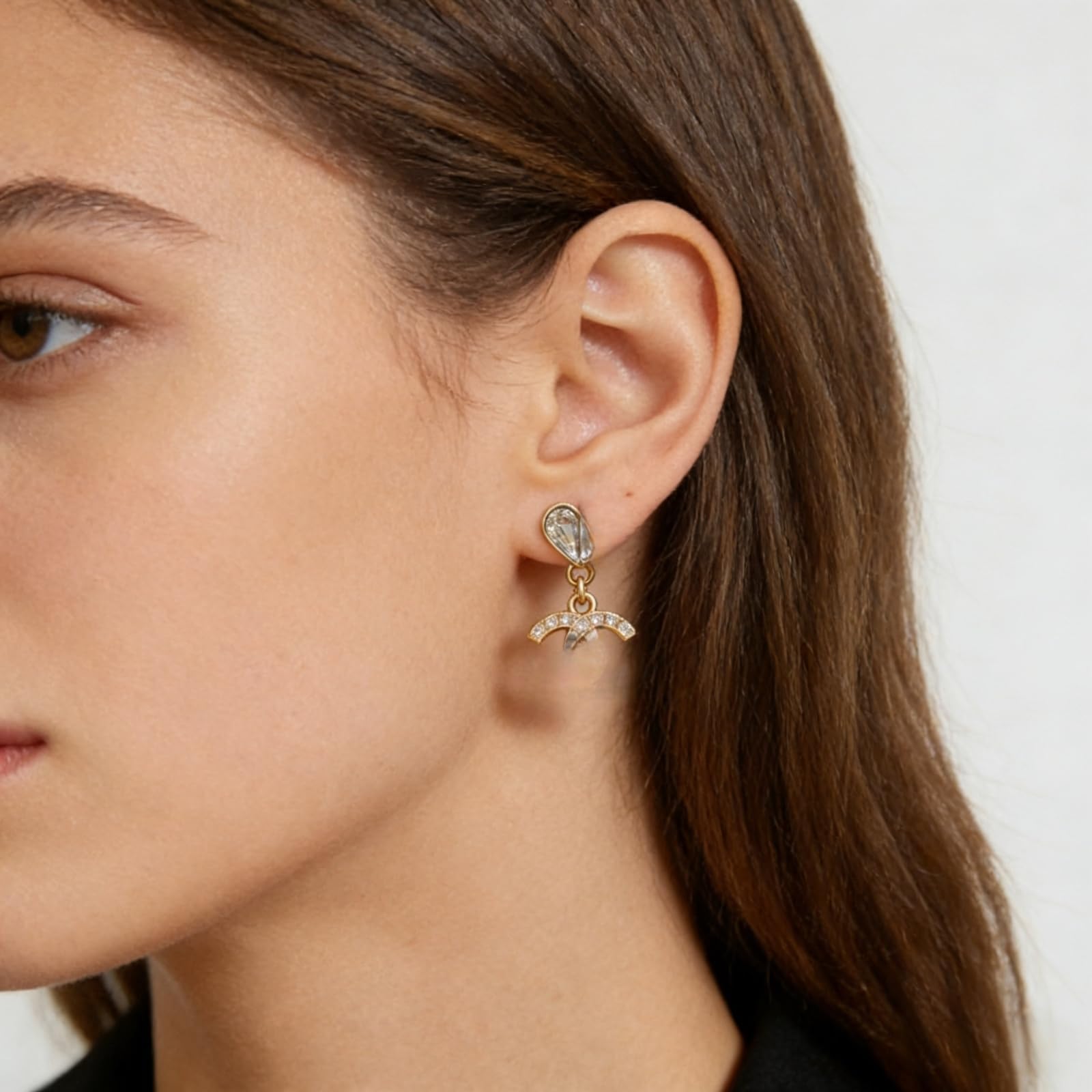Crystal Heart Stud Drop Earrings, Charm, Rhinestone Embellished, Gold and Silver Tone. — view 6