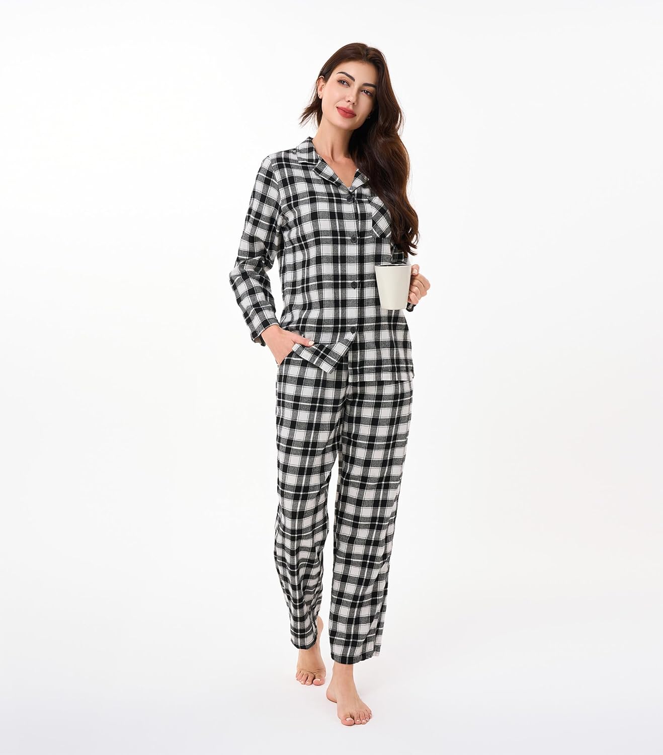 DAVID ARCHY 100% Cotton Pajamas for Women Soft 2 Piece Plaid PJS Sleepwear Loungewear Sets for Women Button Long Sleeve - Image 6