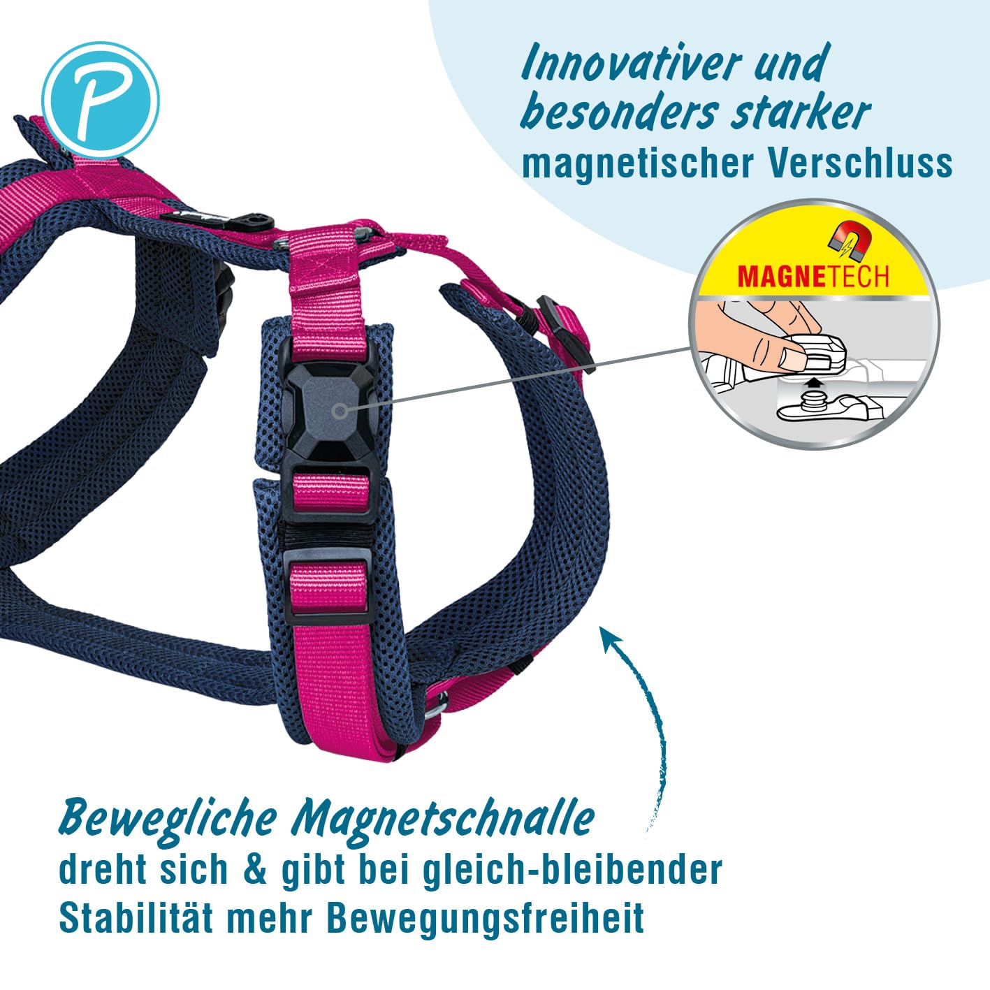 Petlando Hundegeschirr Magnetech Y-Comfort – Innovative Magnetschnalle, atmungsaktiv, mit Mesh gepolstert, stufenlos verstellbar – Navy/Fuchsia XS (Halsumfang 28-52cm, Brustumfang 32-50cm)