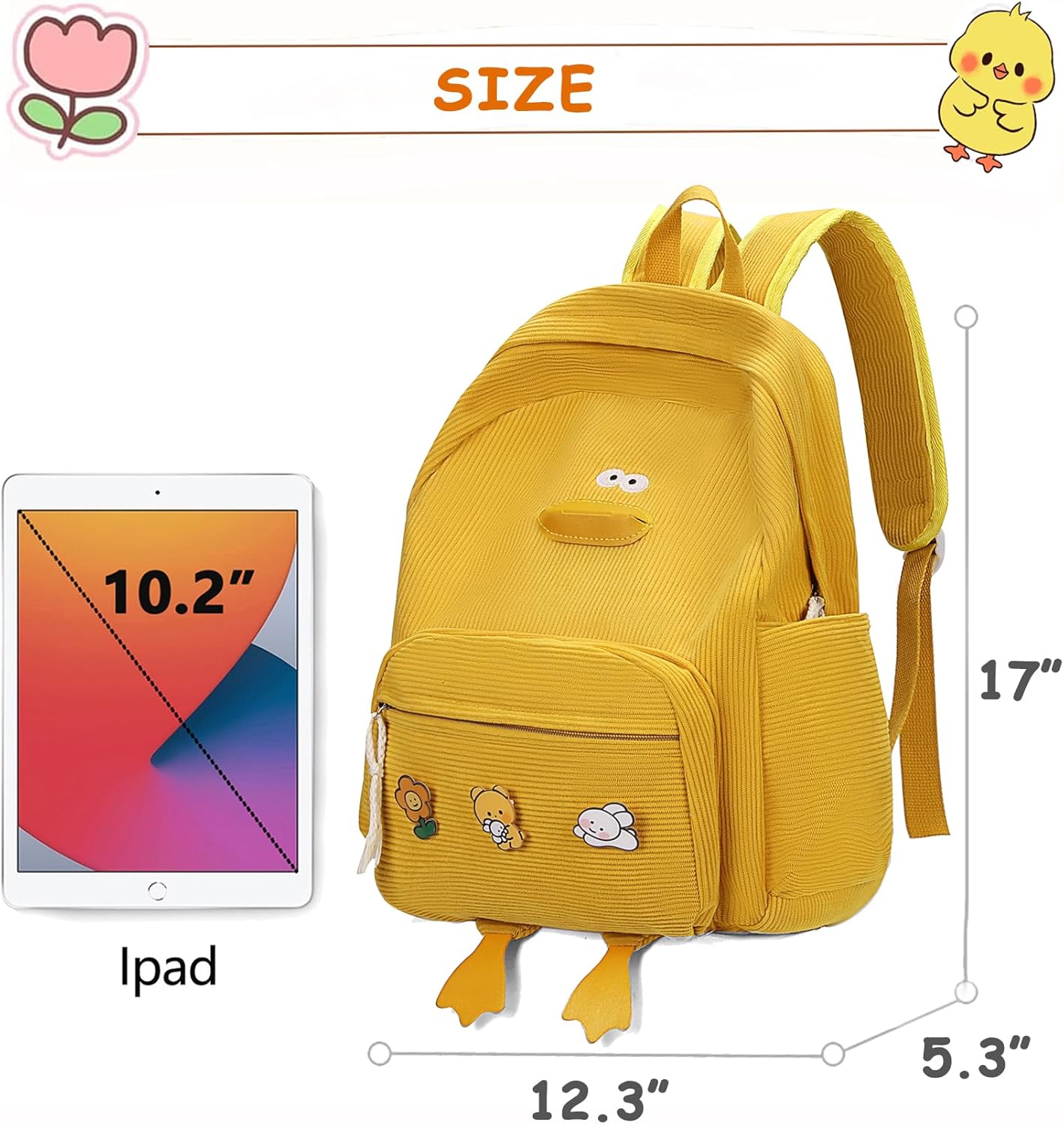 Cute Dcuk Backpack for Teens Girls Women, Kawaii Funny Aesthetic Corduroy Bookbag for High Middle School, Yellow - Image 4
