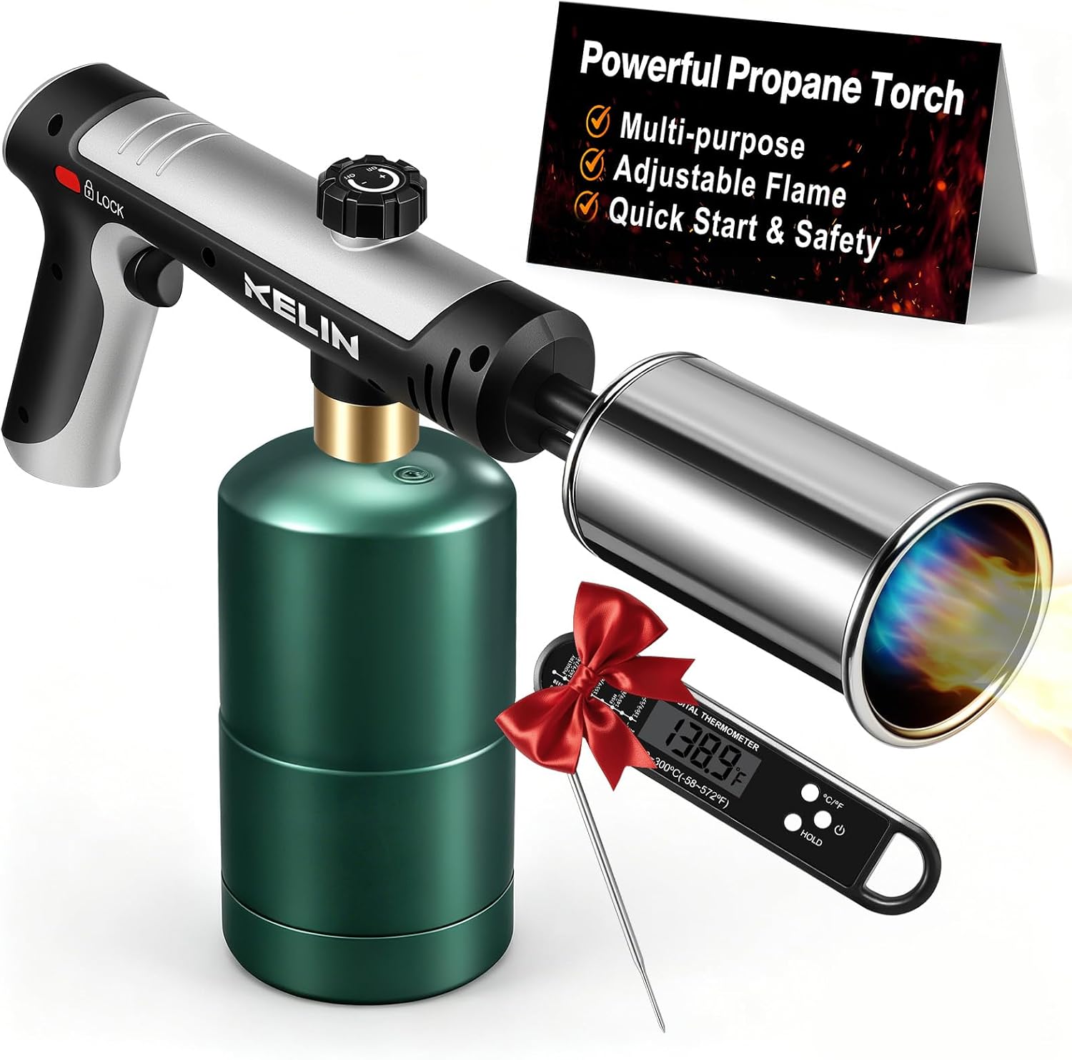 KELIN Propane Torch with One-Touch Max Fire & Kitchen Thermometer for Kitchen Cooking Torch Gun Charcoal Lighter with Safety Lock Flame Thrower for BBQ, Sous Vide, Grill, Campfire (Tank Not Included)