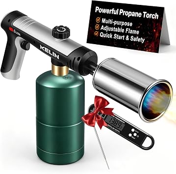 Propane Torch with One-Touch Max Fire & Kitchen Thermometer for Kitchen Cooking Torch Gun Charcoal Lighter with Safety Lock Flame Thrower for BBQ, Sous Vide, Grill, Campfire Tank Not Included