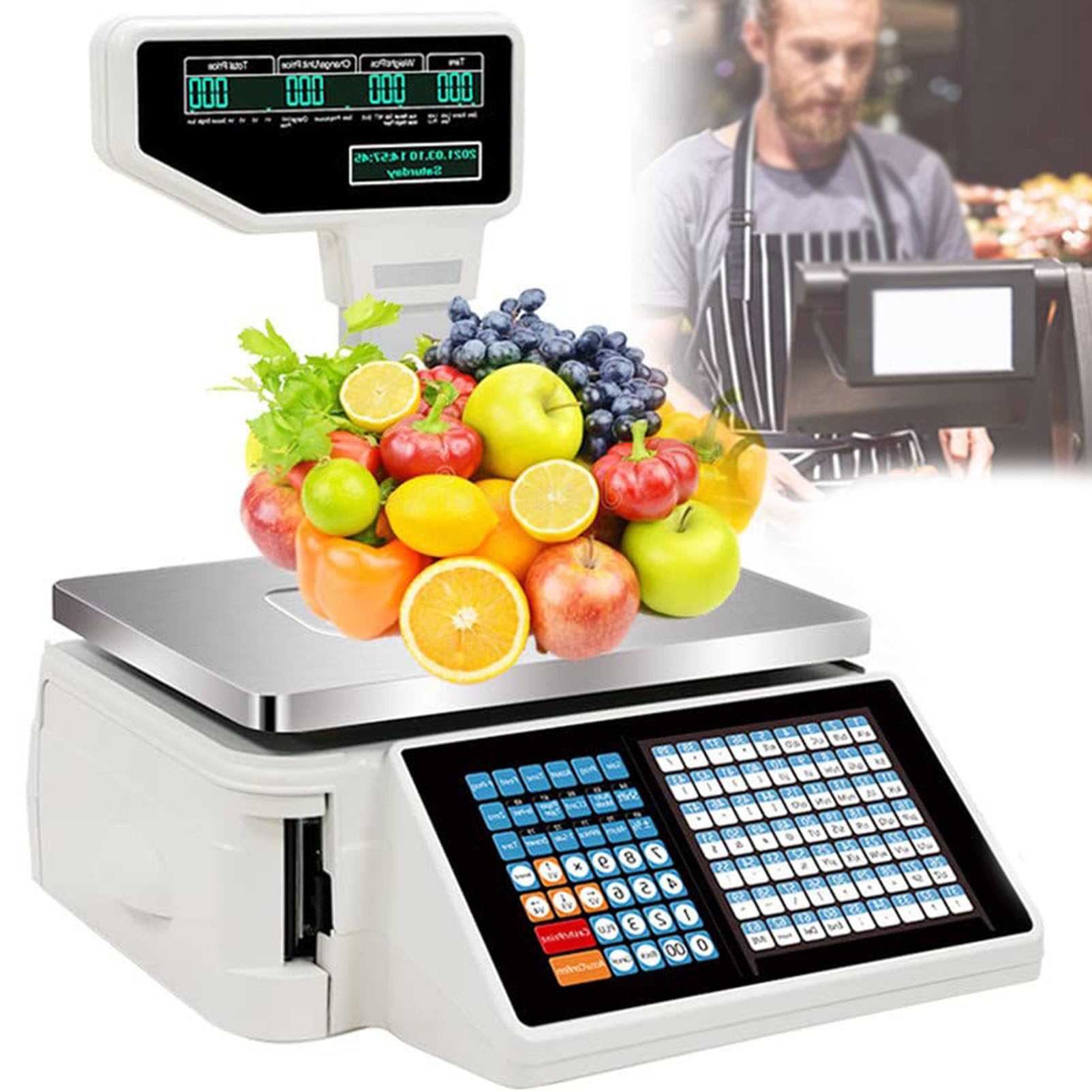 Balanza digital de precios Impresora térmica, balanza comercial de impresión de etiquetas de precios de doble cara Balanza electrónica de códigos de barras Caja registradora para supermercados ,A