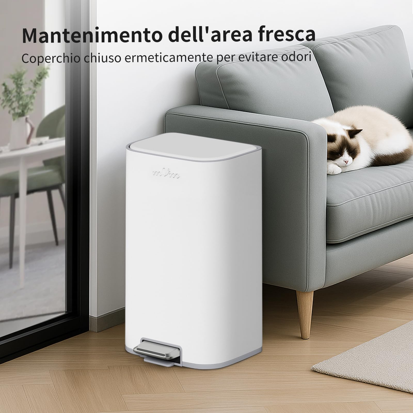mVm Pattumiera Cucina, Pattumiera 30 litri, Acciaio, Secchio in Plastica Rimovibile, Cestino a Pedale con Coperchio Maniglie Chiusura Morbida, per Cucina, Ufficio, Bianco