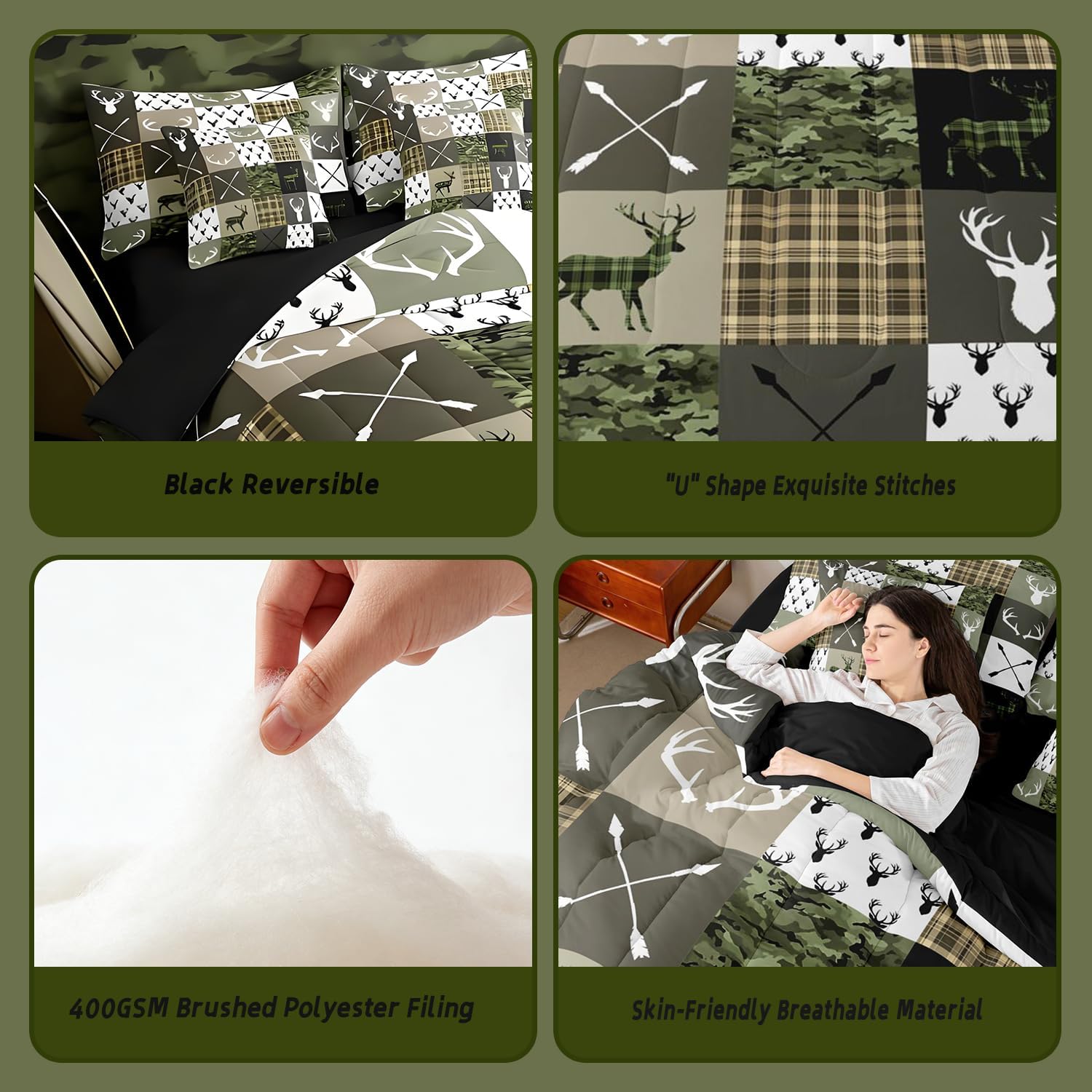 Feelyou Green Hunting Camo Twin Comforter Set with Sheets for Kids Boys Girls Rustic Western Deer 7 Pieces Bedding Set Camouflage Hunter Bed in a Bag Wildlife Animal Room Decor Soft