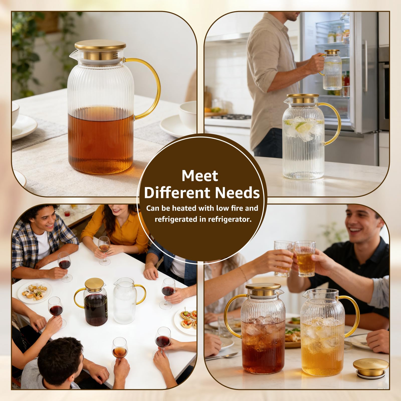 Confezione da 2 brocche in vetro con coperchio, 2 litri, classiche a righe verticali, con manico, caraffa per acqua in vetro, per caffè freddo, tè al sole, bevande resistenti al calore