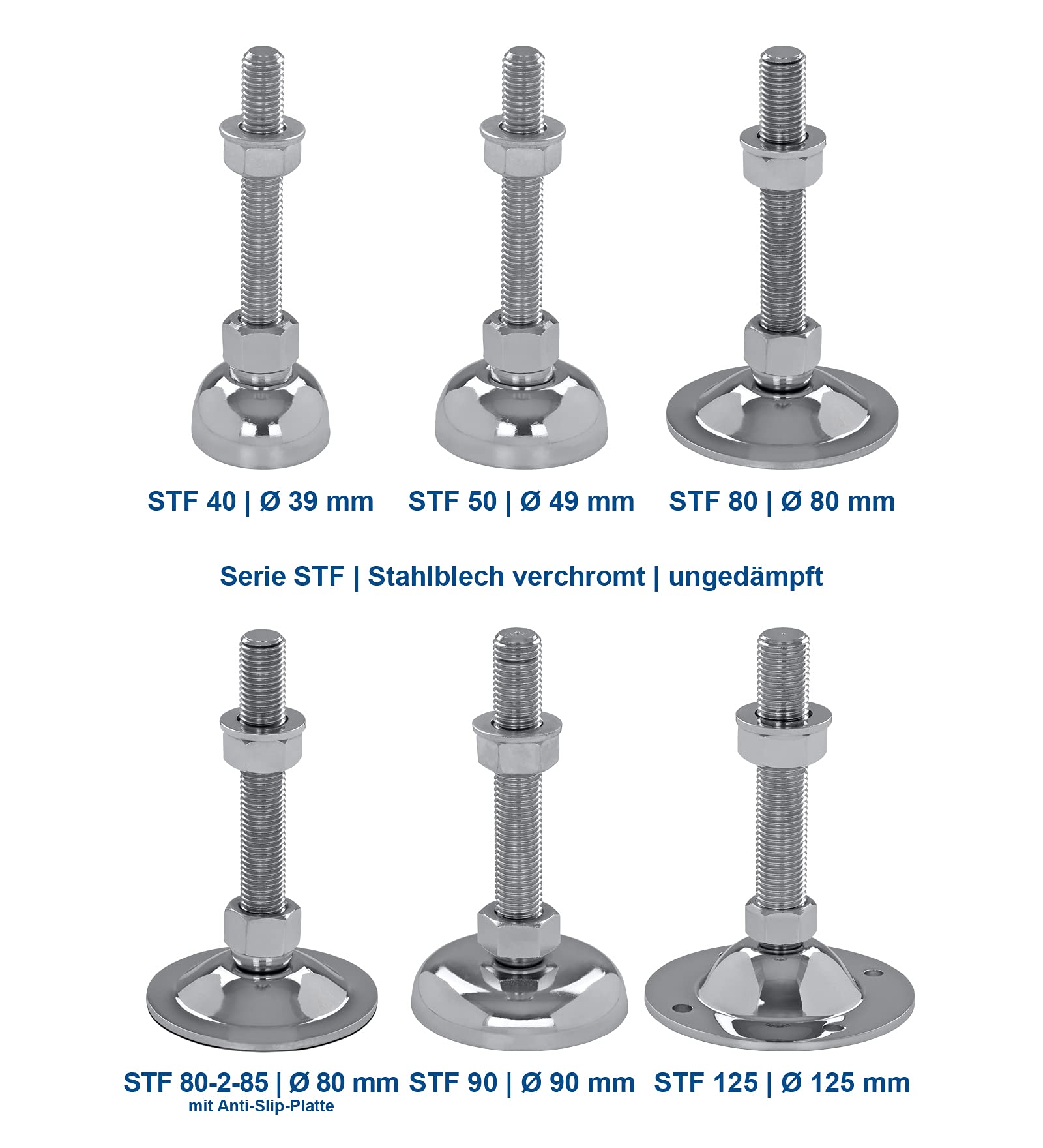 Schwaderer Maschinenfüße/Stellfüße/Nivellierfüße/Gelenkfüße, höhenverstellbar STF 80, Ø 80mm, 4er-Set, lieferbar in den Gewindegrößen M8-M30, Stahl verchromt, (M12x80)