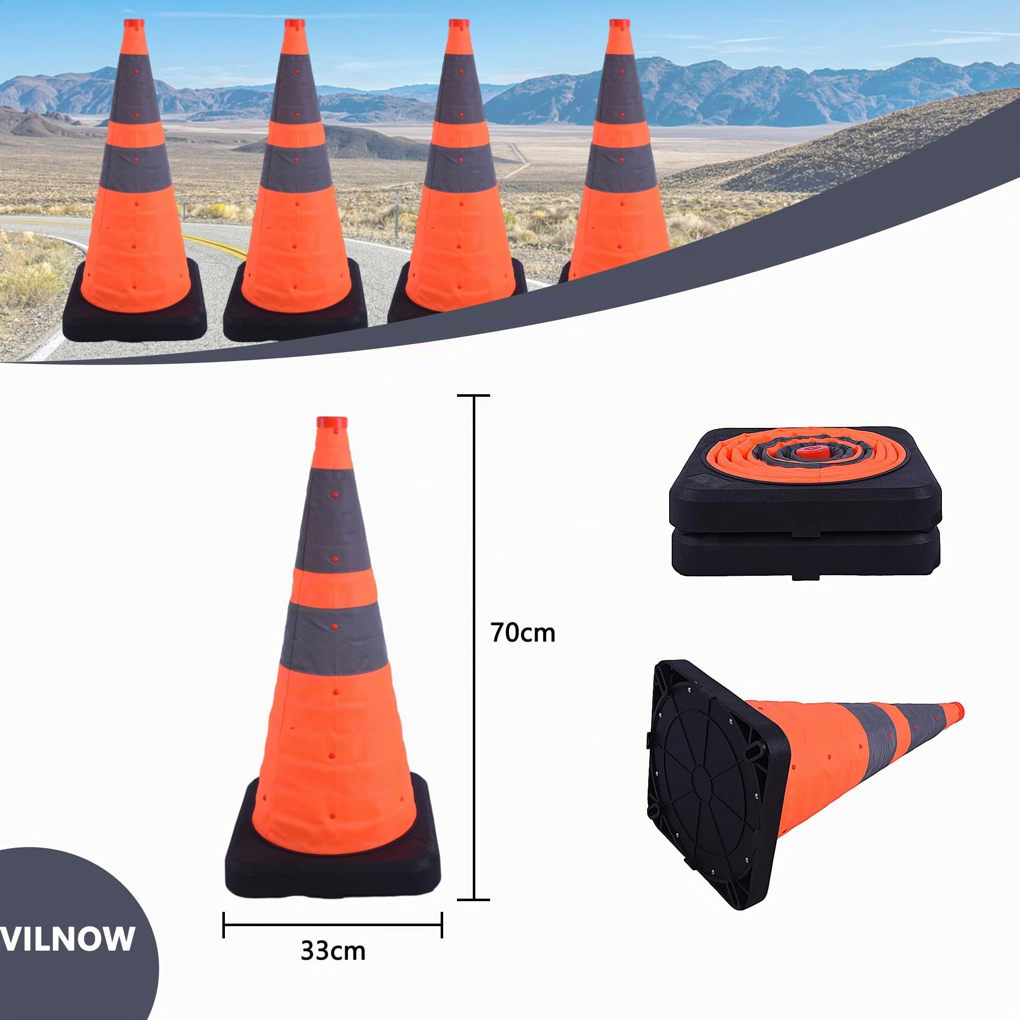 4 Stück Warnkegel, 70cm Reflektierender Verkehrskegel, Orange Verkehrsleitkegel Pylone Faltbar, Zusammenlegbare Mehrzweck Verkehrssicherheitskegel