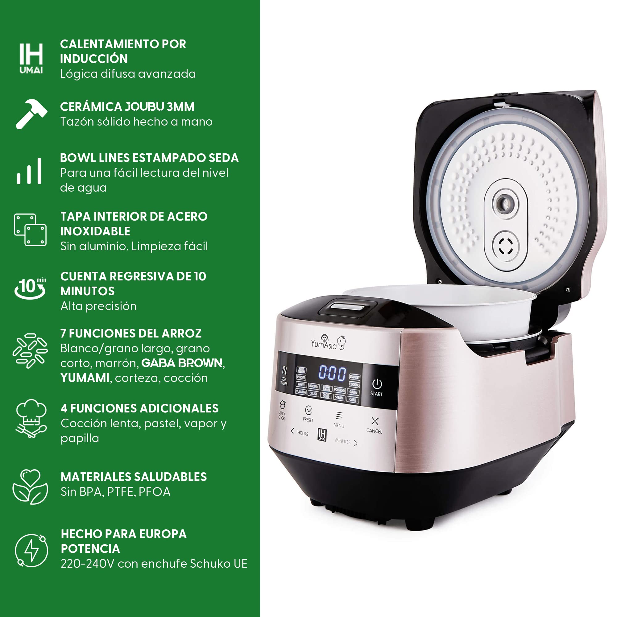 Yum Asia Bamboo olla arrocera con calentamiento por inducción (IH) y tazón de cerámica, 7 funciones de cocción de arroz, 4 funciones de multicocina, pantalla LED Motouch (1.5L) 220-240V EU
