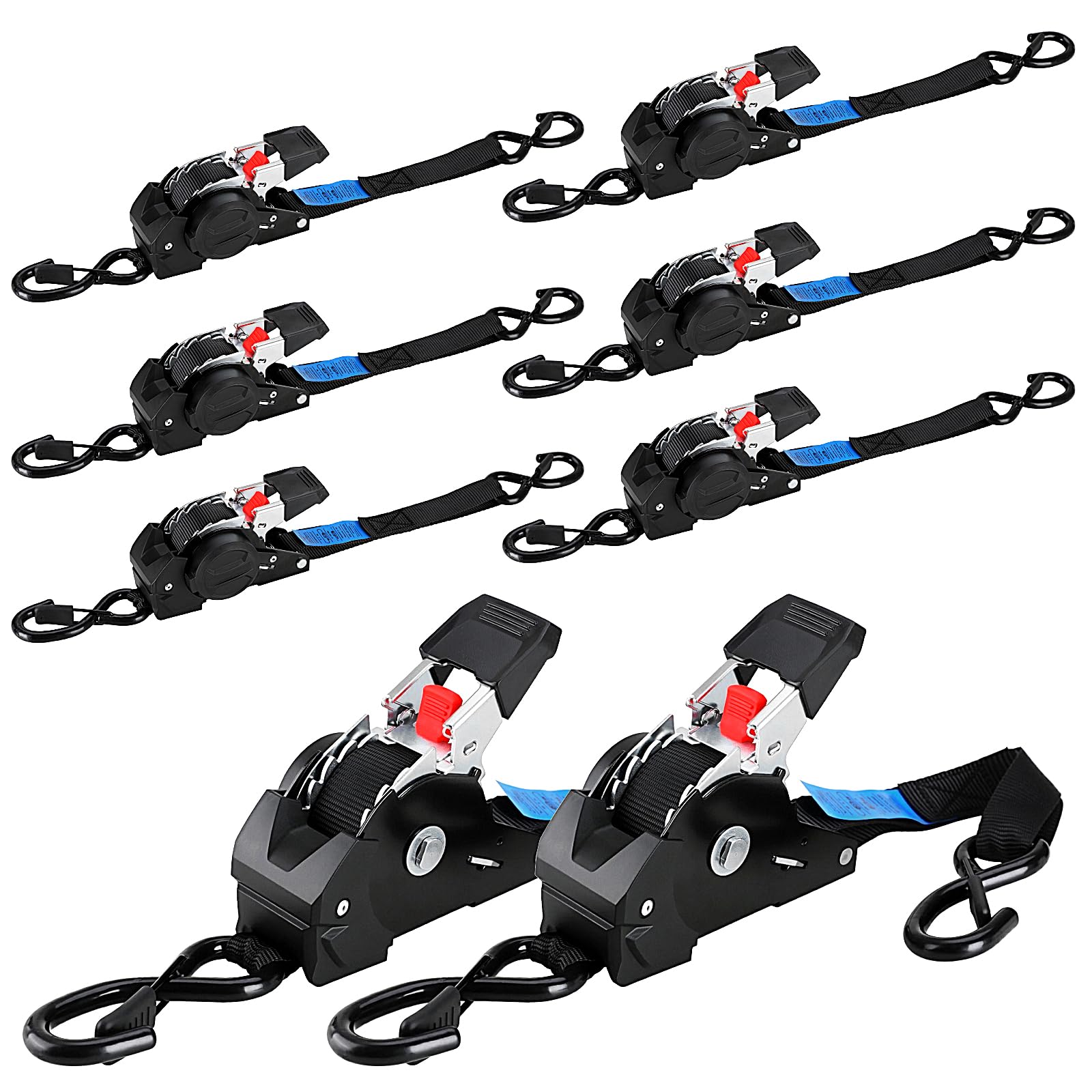 Automatik Spanngurt, 3 m x 25mm, 300 daN | 748 kg Bruchlast, 8 Stück | Selbstaufrollende Spanngurte, Ratschengurt mit S Haken, Zurrgurt für Anhänger, Motorrad, Fahrrad Mehr, Schwarz
