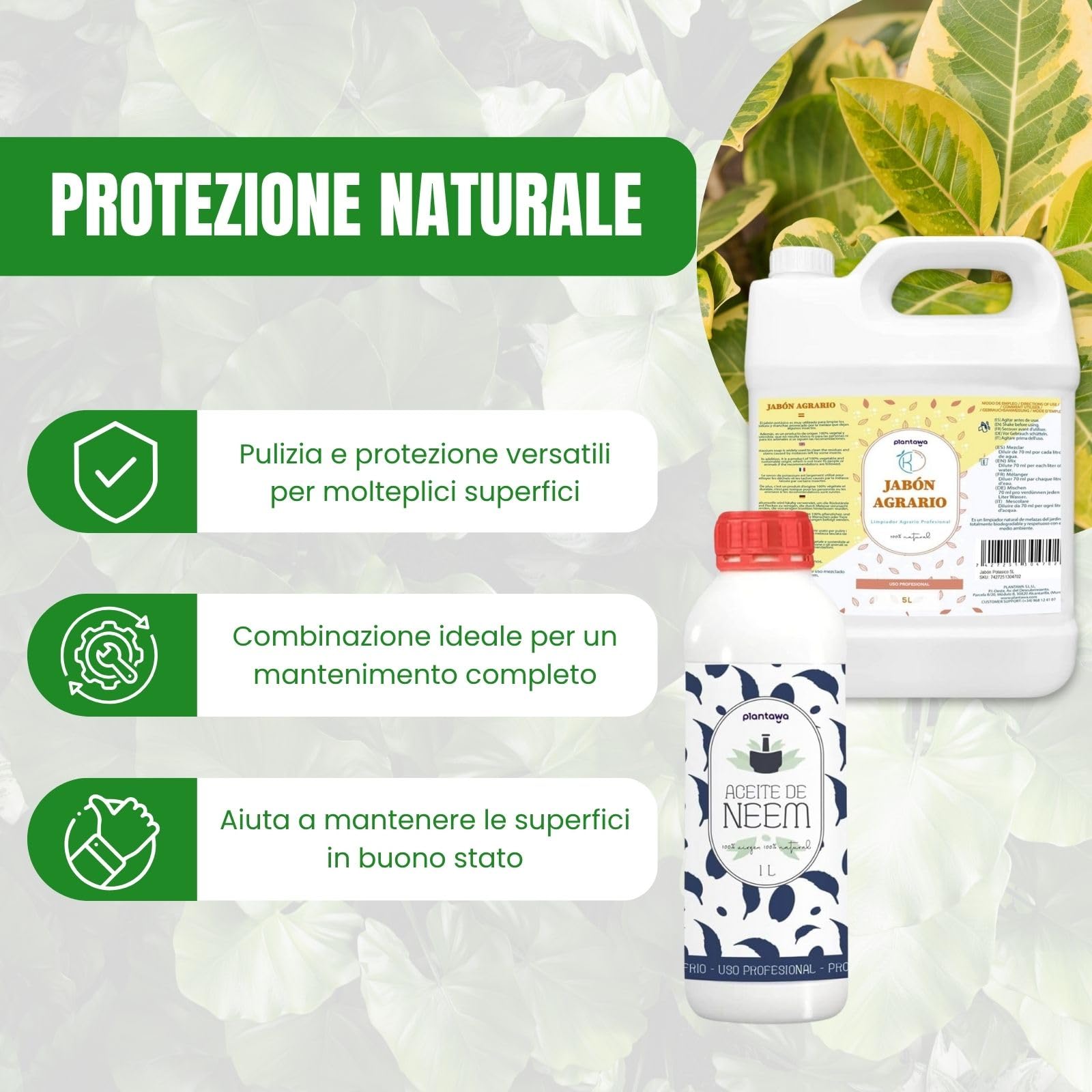PLANTAWA Sapone Molle di Potassio 5L + Olio di Neem 1L | Formula Pura ed Altamente Concentrata | Soluzione Naturale per Cura Domestica | Versatile e multiuso per Interno ed Esterno