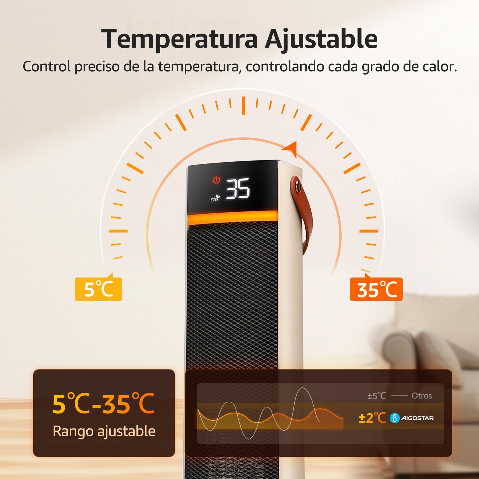 Aigostar Calefactor Cerámico con Luz Nocturna, Mando a Distancia y Pantalla Táctil LED, 2000W, Función ECO, 4 Modos, Silencioso, Temporizador 24H, Temperatura Ajustable 5-35°C, Oscilación y Asa