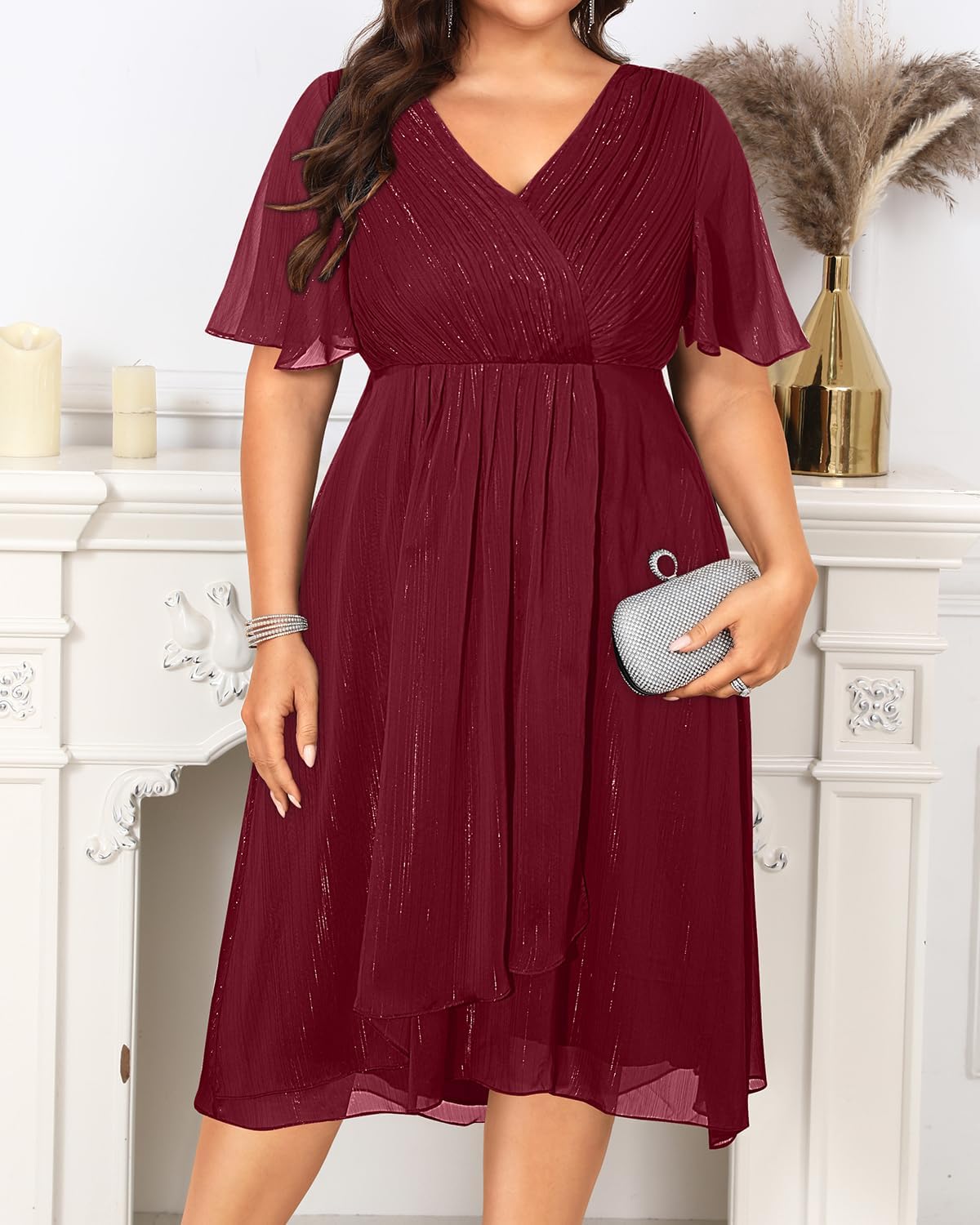 Plus Size Cocktail Dress - Formal Wedding Guest Fall Long Sleeve A Line Pleated V Neck Midi Dresses for Curvy Women - Image 3