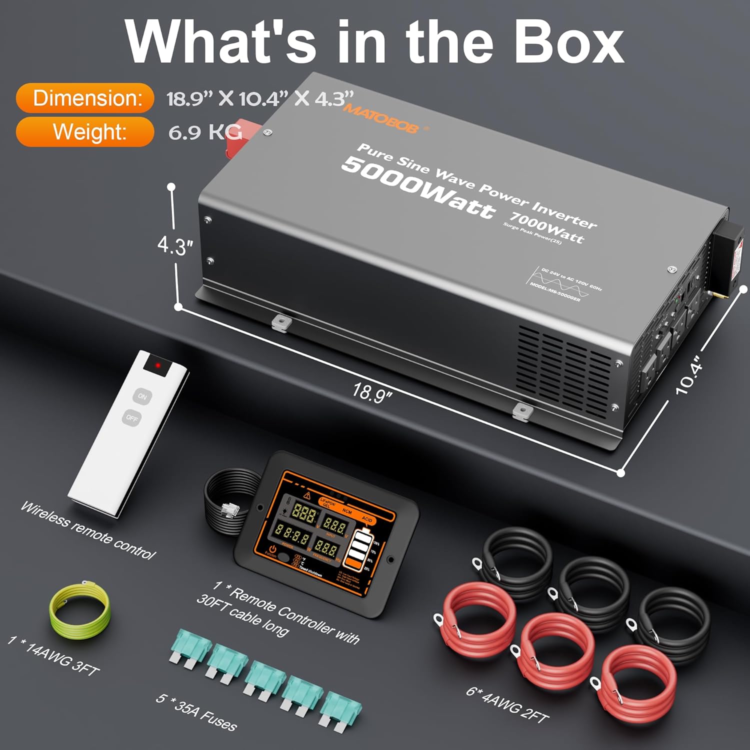 24V Inverter 5000W Pure Sine Wave Power Inverter, 24V DC to 120V AC Inverters,Surge 7000W,Power Inverter with 4 AC Outlets,45Amps Hardwire Port,Dual Remote Control for Solar RV,Truck,Boat,Home