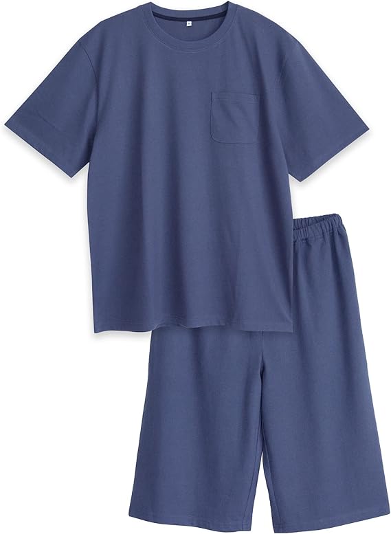 Amazon パジャマ メンズ 綿100 Tシャツ 上下セット 半袖 無地 夏 肌に優しい 通気性 快適 ルームウェア ダスティブルー L パジャマ 通販