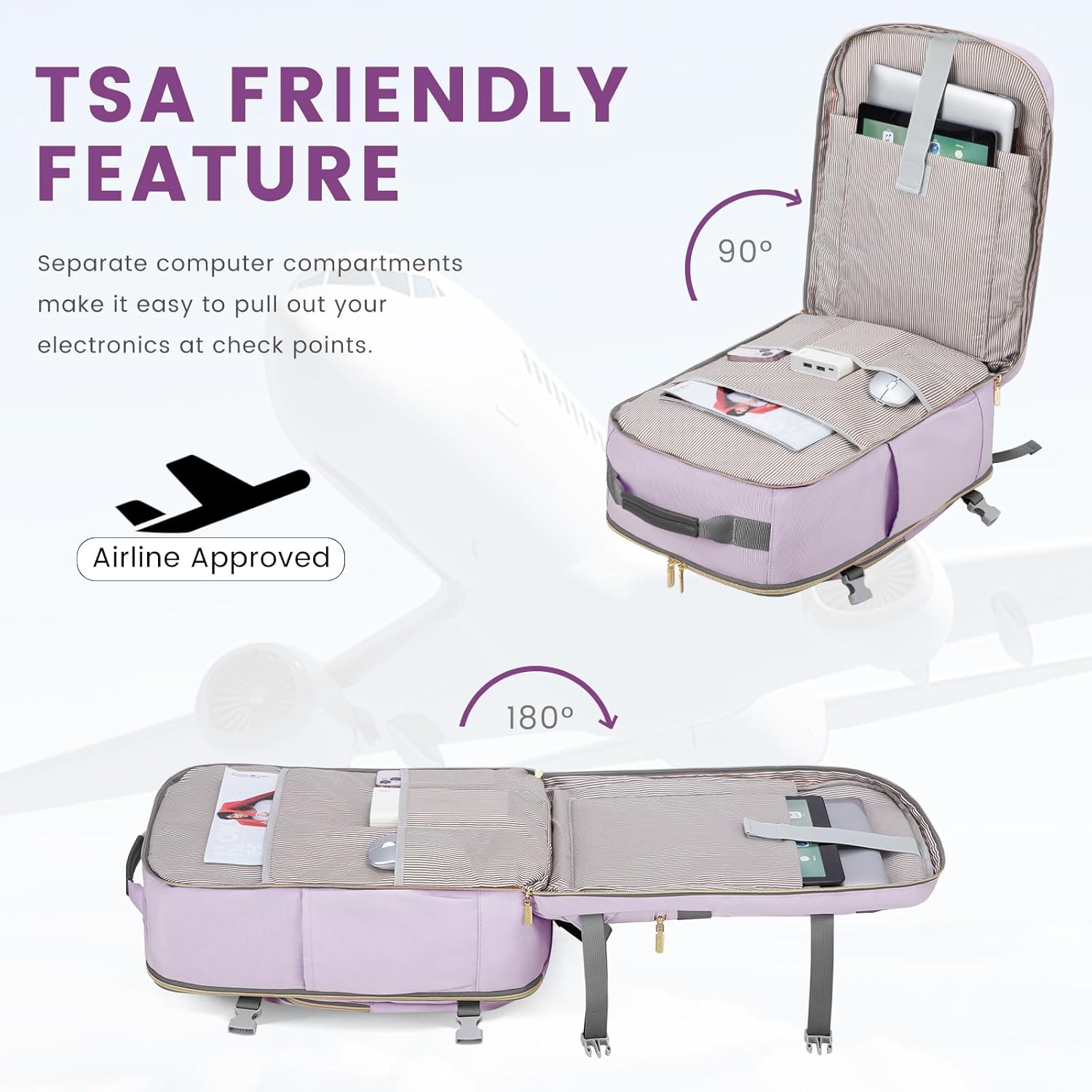 LOVEVOOK 40L Large Travel Backpack for Women Men, 17 Inch Carry on Backpack for Traveling on Airplane, Personal Item Travel Bag Airline Approved, Business Causal Weekender Backpack, Light Purple-Grey - Image 7