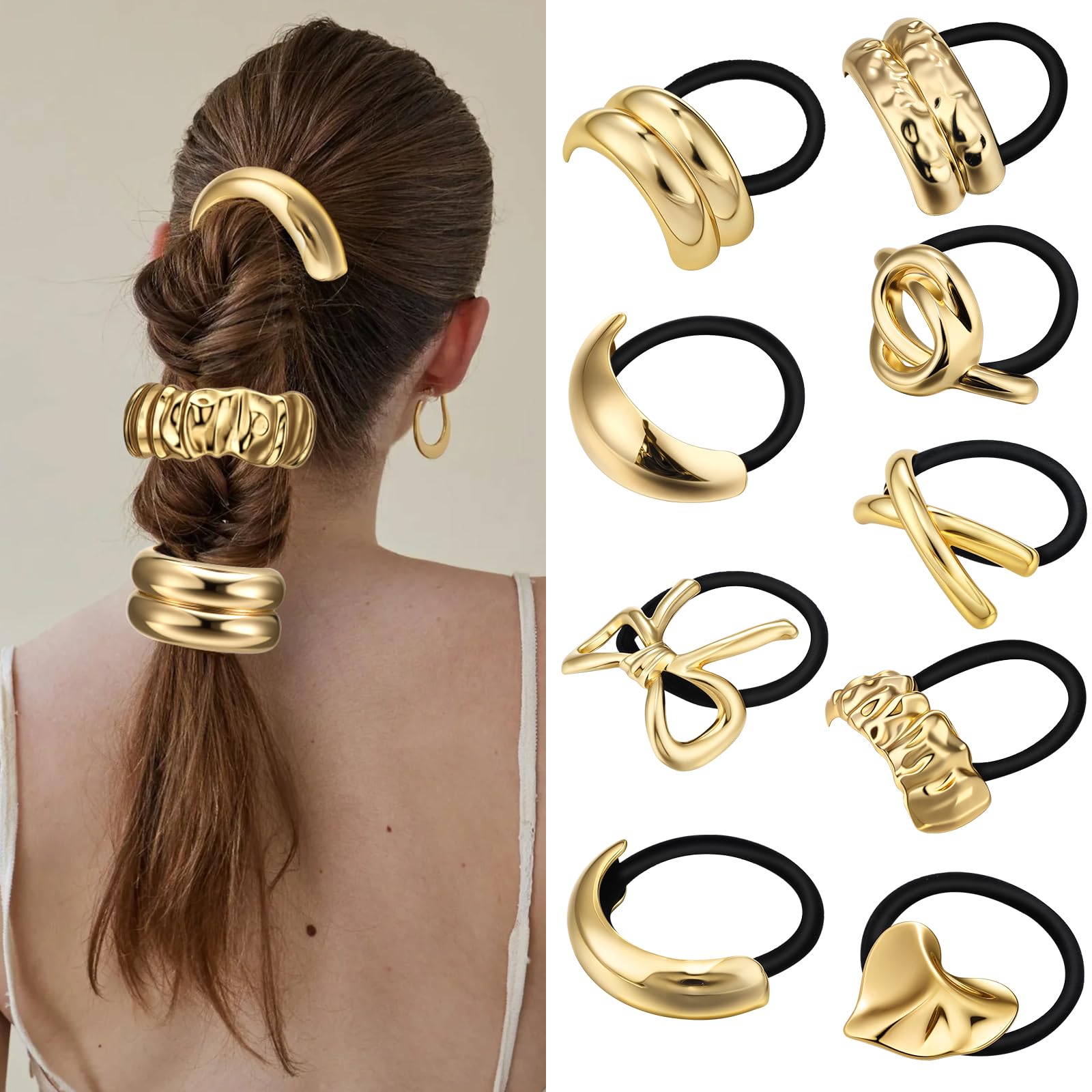 9 Pcs Gold Hair Tie for Women, Gold Cuffs, Metal Geometric Hair Ties Non-damage Ponytail Cuffs Holders for Thick and Thin Ponytails