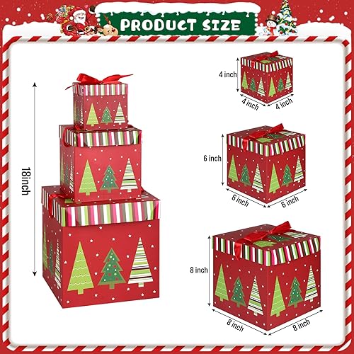 Vista 10 de TaoBary 3 cajas de regalo de Navidad con tapa, cajas de Navidad anidables para regalos, papel de regalo de árbol de Navidad rojo para regalos