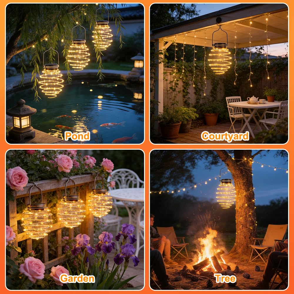 4 Piezas Farolillos Solares Exterior Colgante, IP65 Impermeable Luces Solares Exterior Jardin para Colgar en Espiral Lampara Solar Exterior Jardin con Blanca Cálida para Patio, Terraza (Luz cálida)