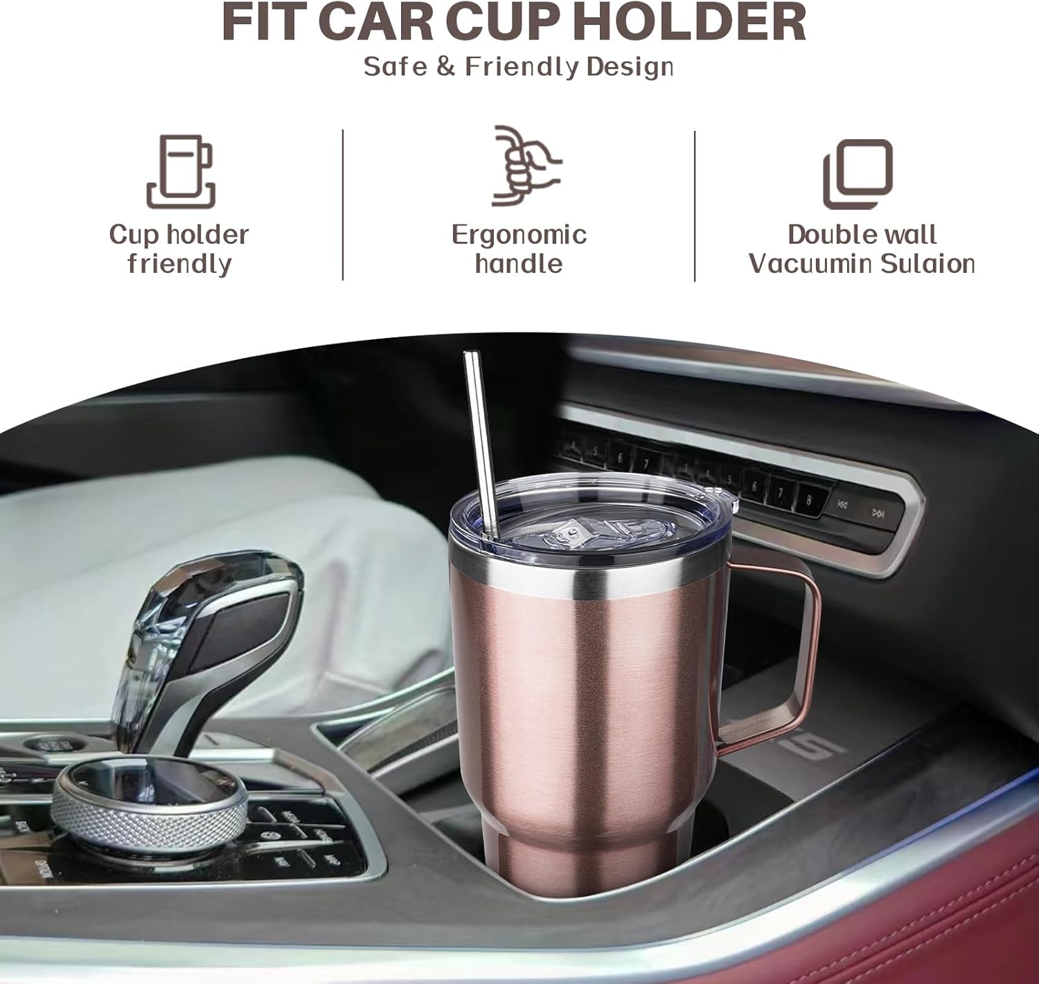 30 oz Stainless Steel Tumbler with Handle, Double Wall Vacuum Insulated Coffee Mug Tumbler with Lid and Straw, Thermal Cup for Cold and Hot (Rose Gold) - Image 6