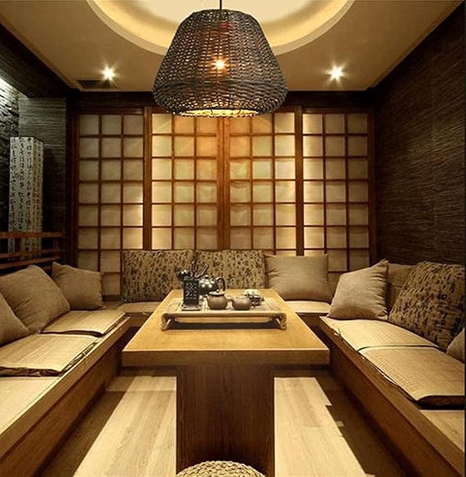 HWSY Lamppical Wicker DIY lampenkap E27 60W bamboe en rotan lamp kroonluchters plafondlampen bruine hoed rotan hanglamp (natuurlijk hout) hanglamp,B,B Interesting