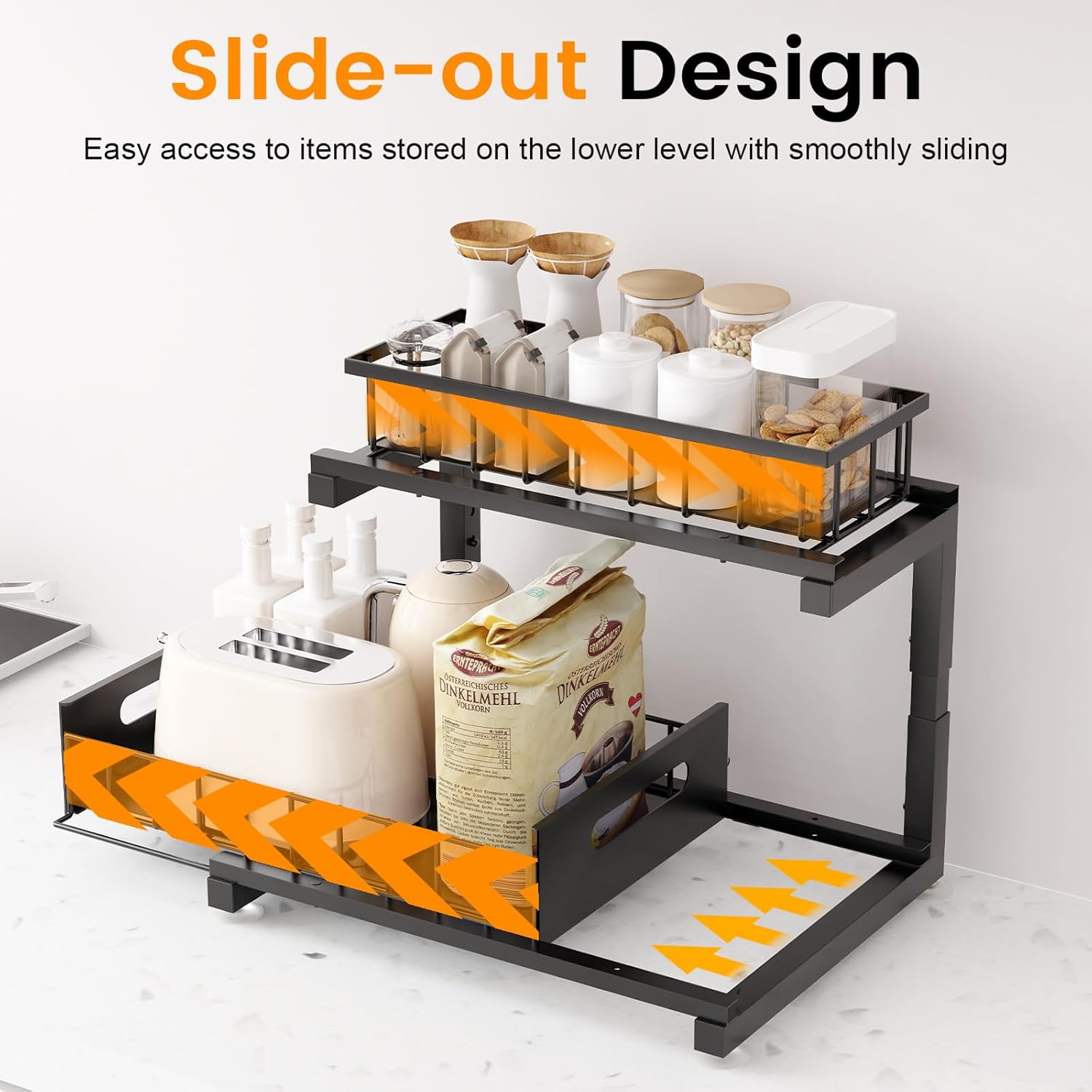 Under Sink Organizer, Heavy Duty Metal Pull Out Cabinet Organizer Slide Out Sink Shelf Organizer Height Adjustable, Multi-Purpose Storage Shelf for Kitchen Bathroom(Black,2Pack) - Image 2