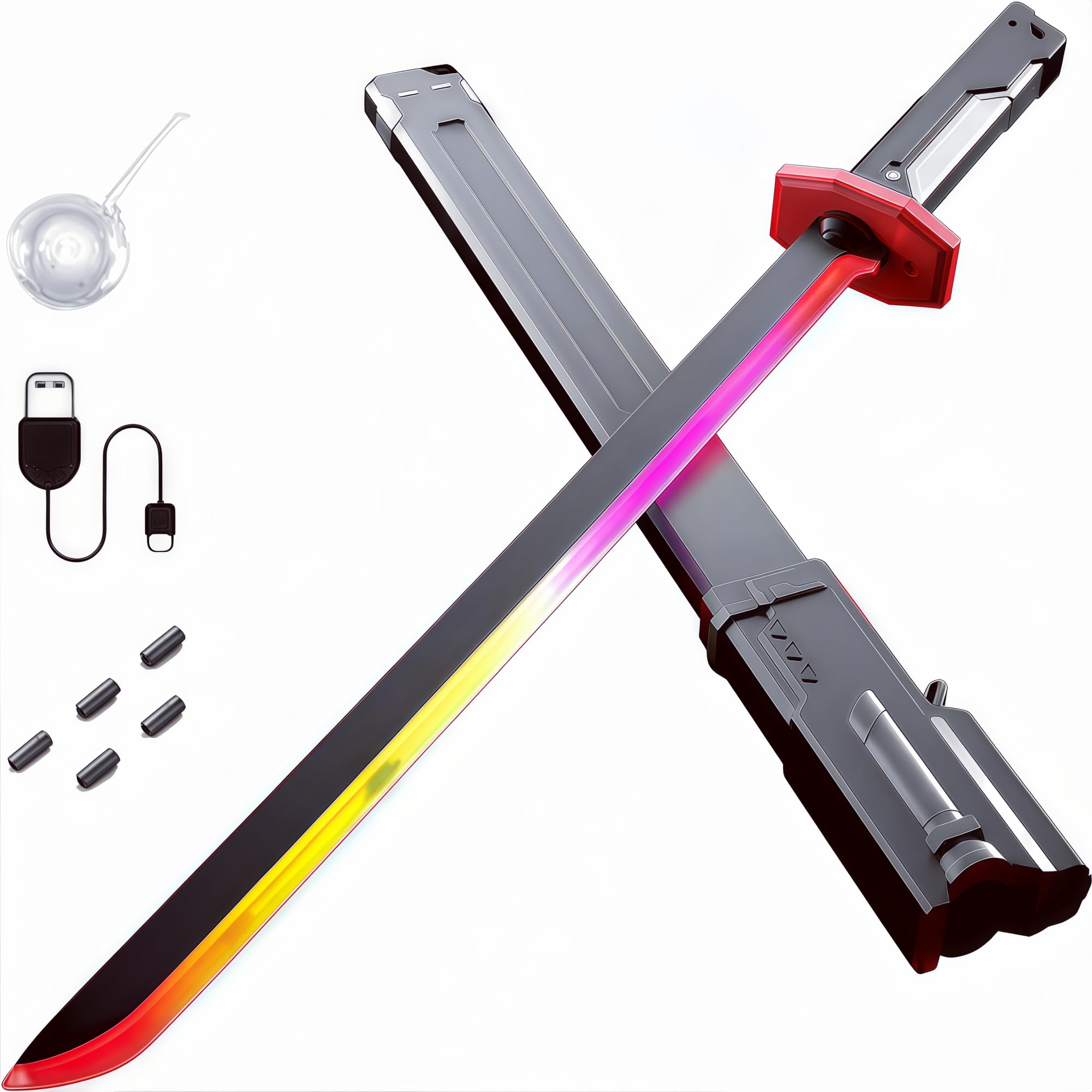 Sparkblade Sword with Sparks, 31.5 Inch Spark Blade Swords with Multicolor LED Lights and Sound Spray Effects, Spark Blade with Sensor Sound, for Rave, Cosplay & Display (Red+45 flint, Standard)