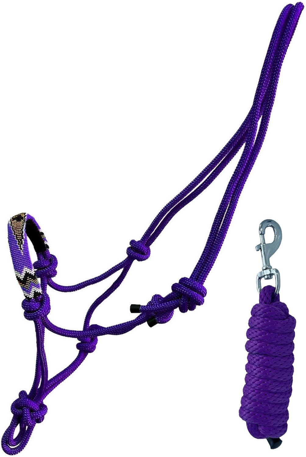 Nylon Horse Size Cowboy Knot Rope Halter with Beaded Cross Nose and Removable Lead