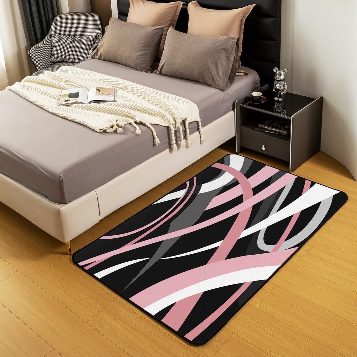 Feelyou Pink Black Grey White Living Room Rugs for Girls Kids Area Rug 5x7 Stripes Accent Rugative Geometric Indoor Floor Mat Modern Striped Art Decorative Rug