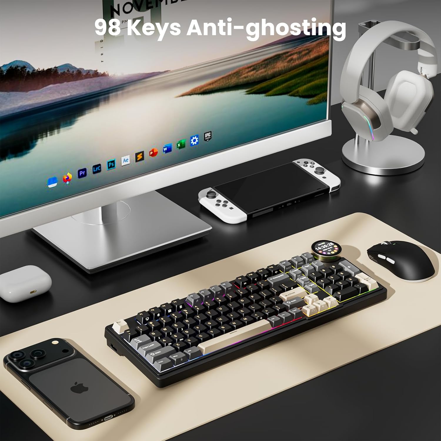 RK N99 keyboard with 98 Keys Anti-ghosting feature highlighted.