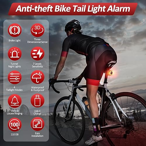 Miniatura 2 de Alarma de bicicleta con control remoto, luz trasera de bicicleta y luz de freno encendidoapagado automático USB-C recargable, sistema de alarma de
