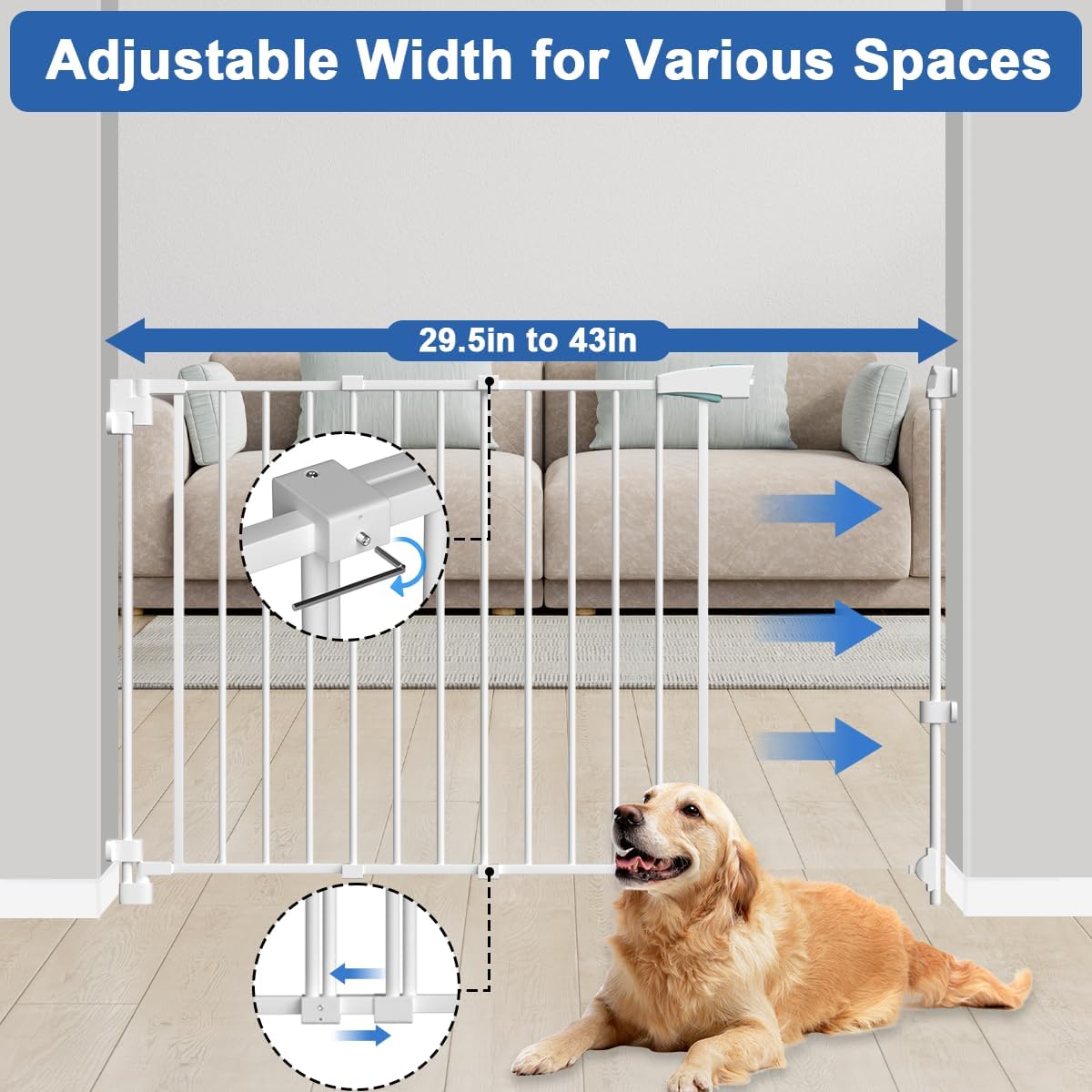No Bottom Bar Baby Gate for Stairs Doorways, 29.5-43 in Wide Dog Gates Indoor, Adjustable Child Safety Gate Walk Thru, Auto Close Pet Gate for Kids Expandable Wall Mounted, Portable White