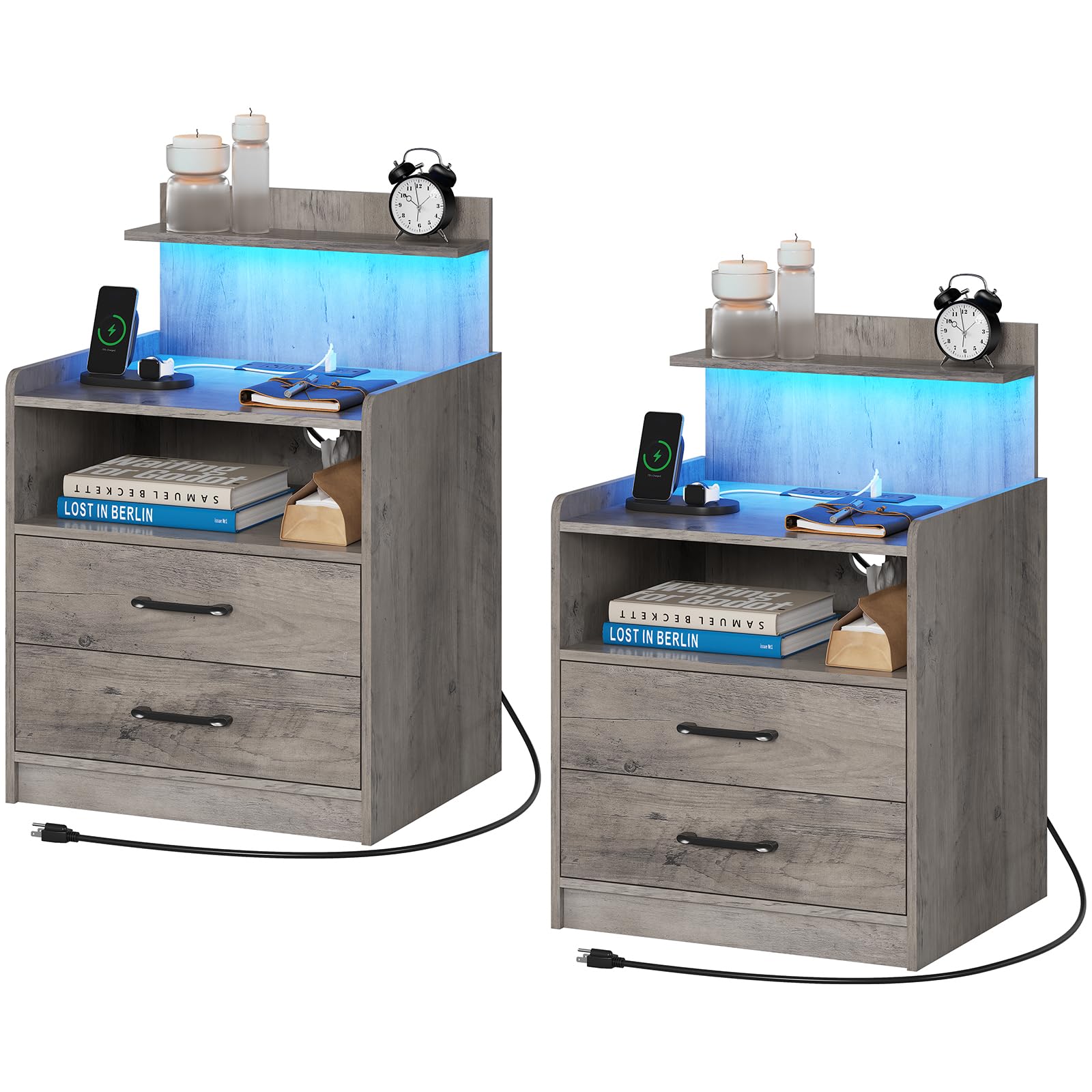 Diliplain Nightstand Set of 2 with Charging Station and LED Lights, Bedside Table with 2 Drawers and Open Storage Shelf, 2 USB Ports and 2 AC Outlets,