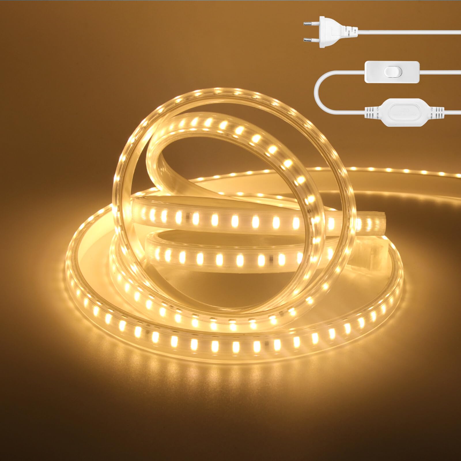220V Tira LED con encendido/apagado [34m, Blanco cálido 3000-3500K],flexible e impermeable IP65,SMD2835,120 LEDs/m Guirnaldas luminosas recortable CRI85+,iluminación decorativa para el hogar