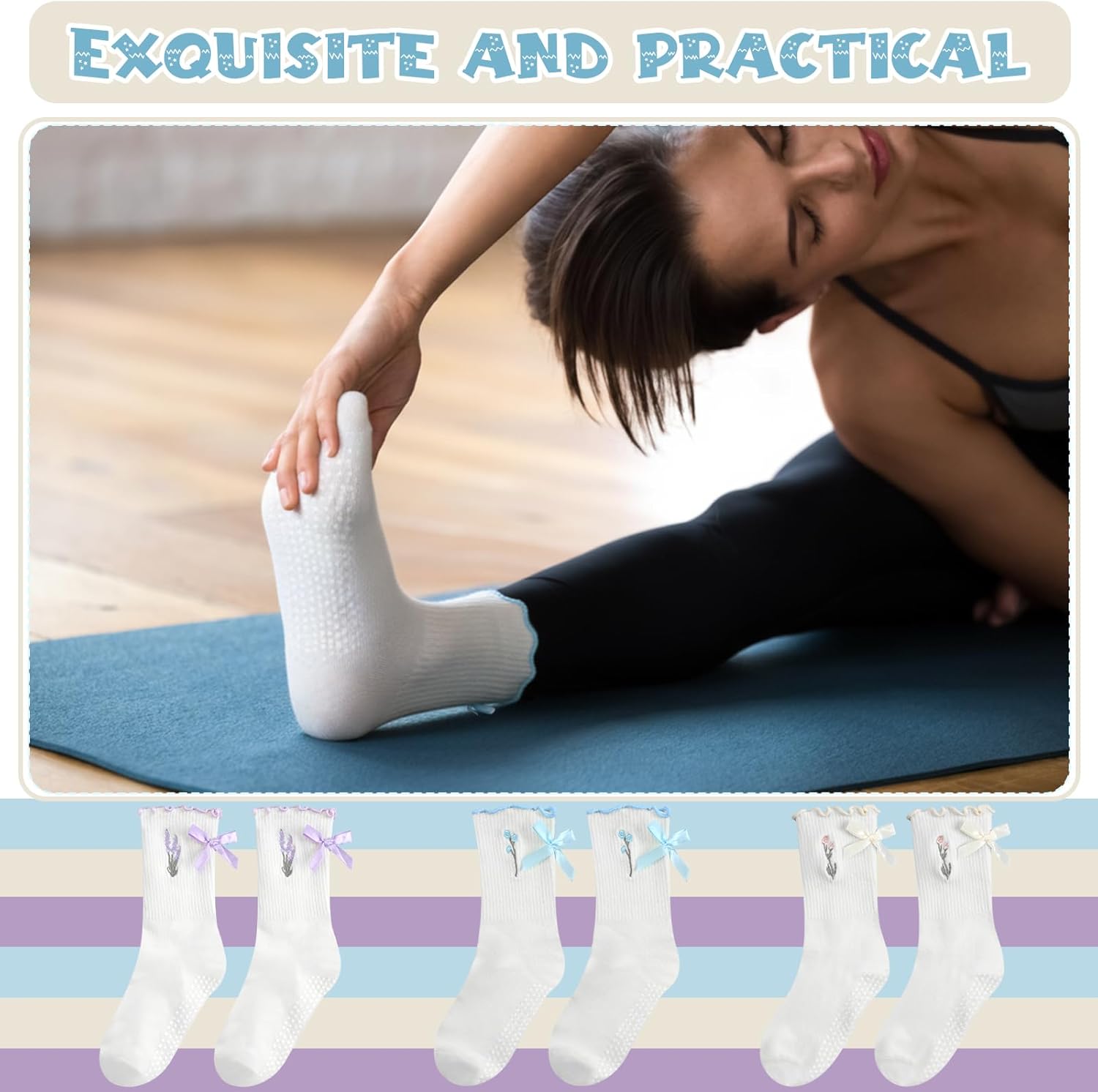 Jeyiour 6 Pairs Cute Pilates Socks with Grip White Pilates Bows Non Slip Ruffle Embroidered Socks for Yoga Barre Barefoot Workout - Image 3
