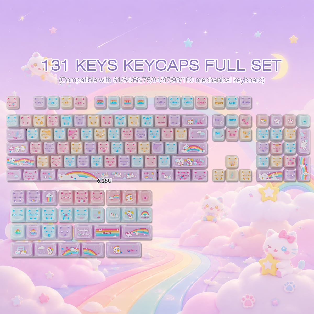Crystal Jelly Cat Keycaps, 131 klawiszy Double Shot Translucent Cute Keycaps, Mao Profile Custom Keycap for Cherry Gateron MX Switches Mechanical Keyboard