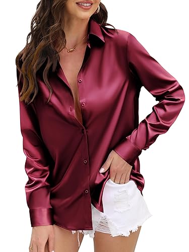 Womens Soft Satin Silk Leopard Button Down Shirts for Women