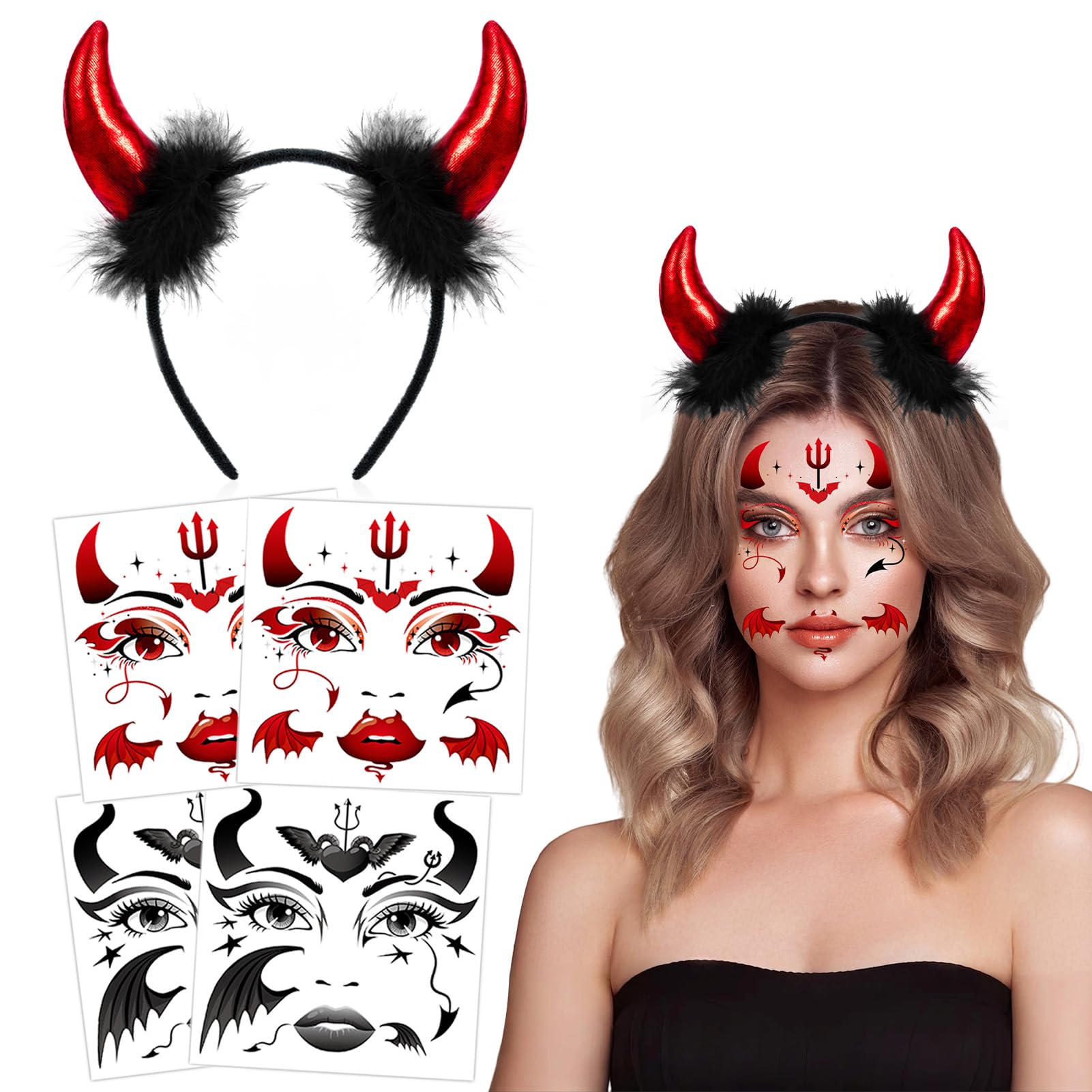 HOWAF Red Devil Horns Headband & Halloween Face Tattoos Stickers