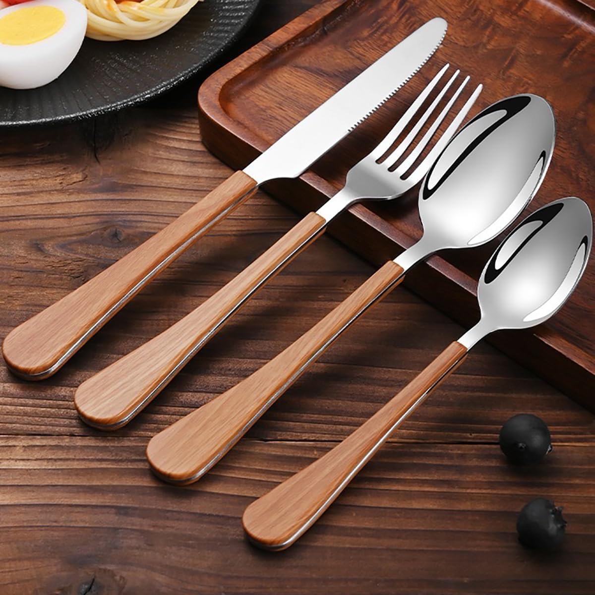 Este Juego de Cubiertos con Mango de Madera de 10 Piezas de Acero Inoxidable Incluye Cuchillos de Mesa, Tenedores, cucharas y cucharillas de té para el hogar, la Cocina y restaurantes, Color