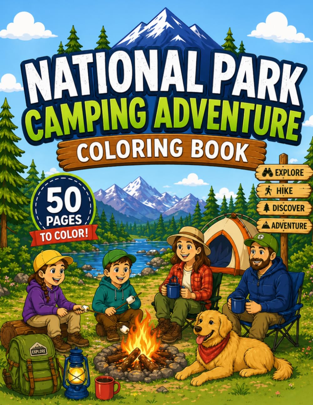 National Park Camping Adventure Coloring Book: Fun Outdoor Scenes with Kids Hiking, Campfires, Wildlife, and National Parks for Children Ages 4-10