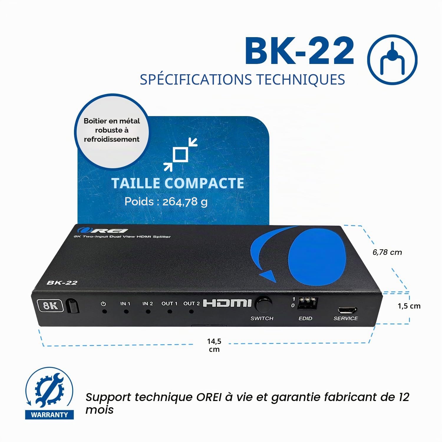 OREI Répartiteur HDMI 8K UltraHD 2 x 2, répartiteur 2 entrées et 2 Sorties Prend en Charge jusqu'à 4K @ 120 Hz, Dolby Vision, HDCP 2.3 Gestion Automatique EDID – (BK-22) n'étend Pas l'écran.