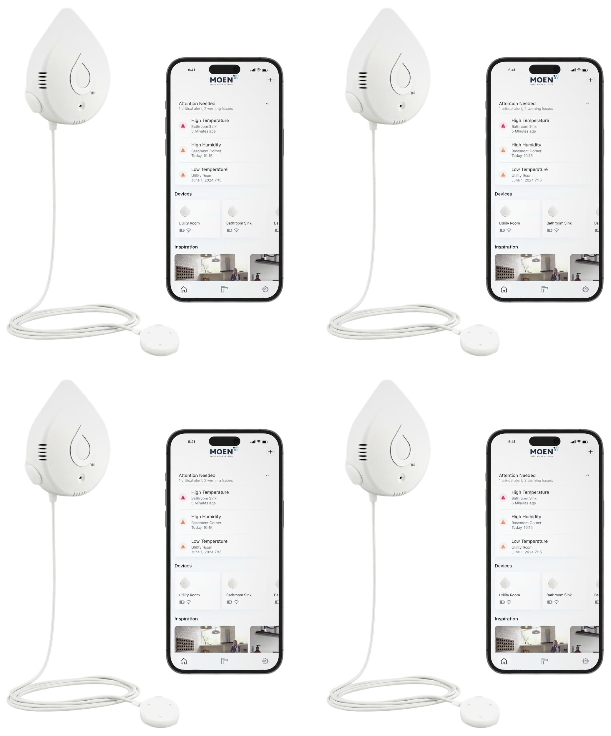 Moen Flo Smart Water Leak Detector, Drip or Flood Sensor Alarm for Home, 4-Pack, White, 920-004