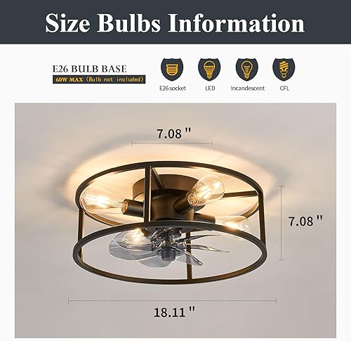 Miniatura 2 de Ventilador de techo enjaulado negro con luces, ventilador de techo de montaje empotrado con control remoto, ventilador industrial de perfil bajo de