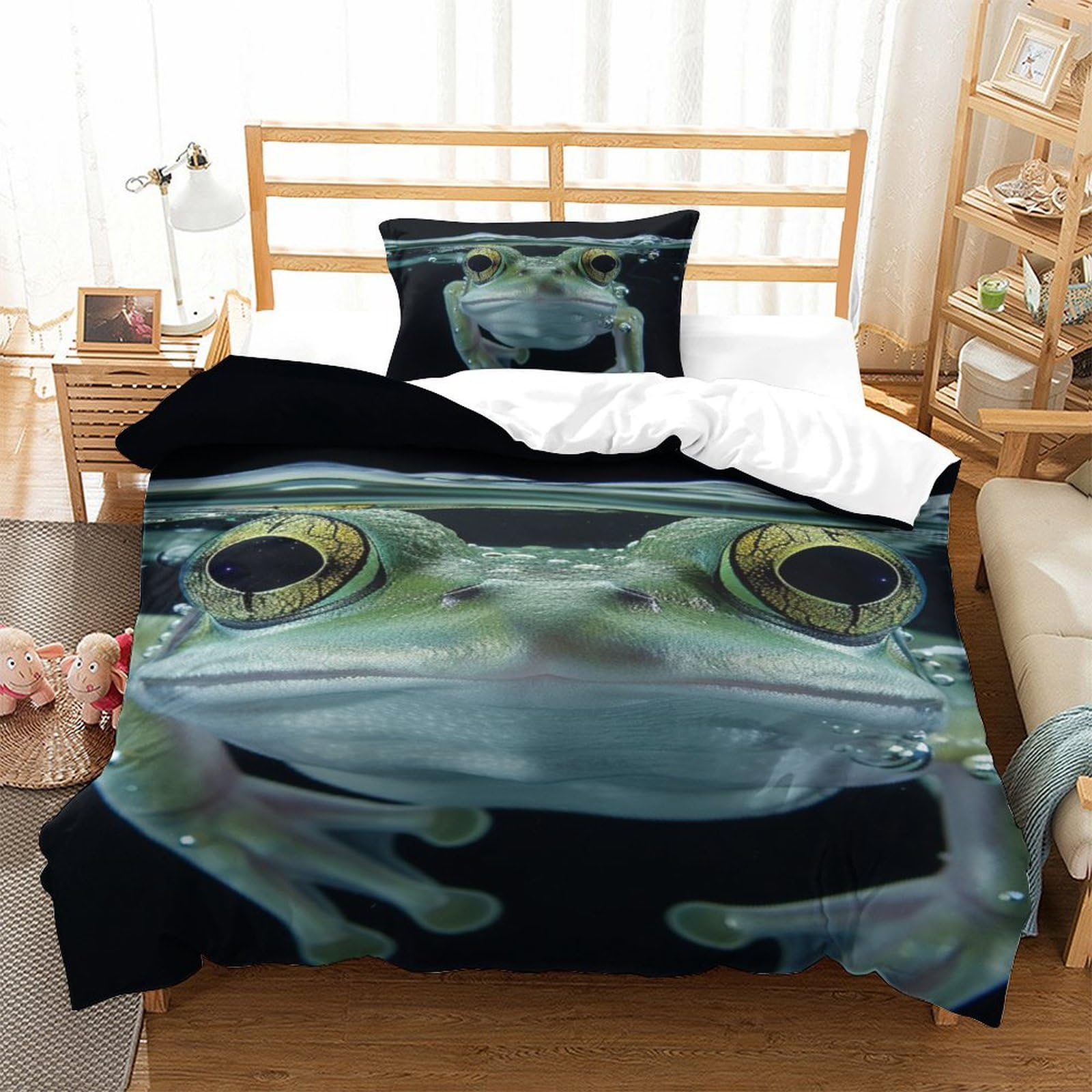 Housse de couette grenouille 3D respirante single pour lit enfant 135x200cm microfibre douce