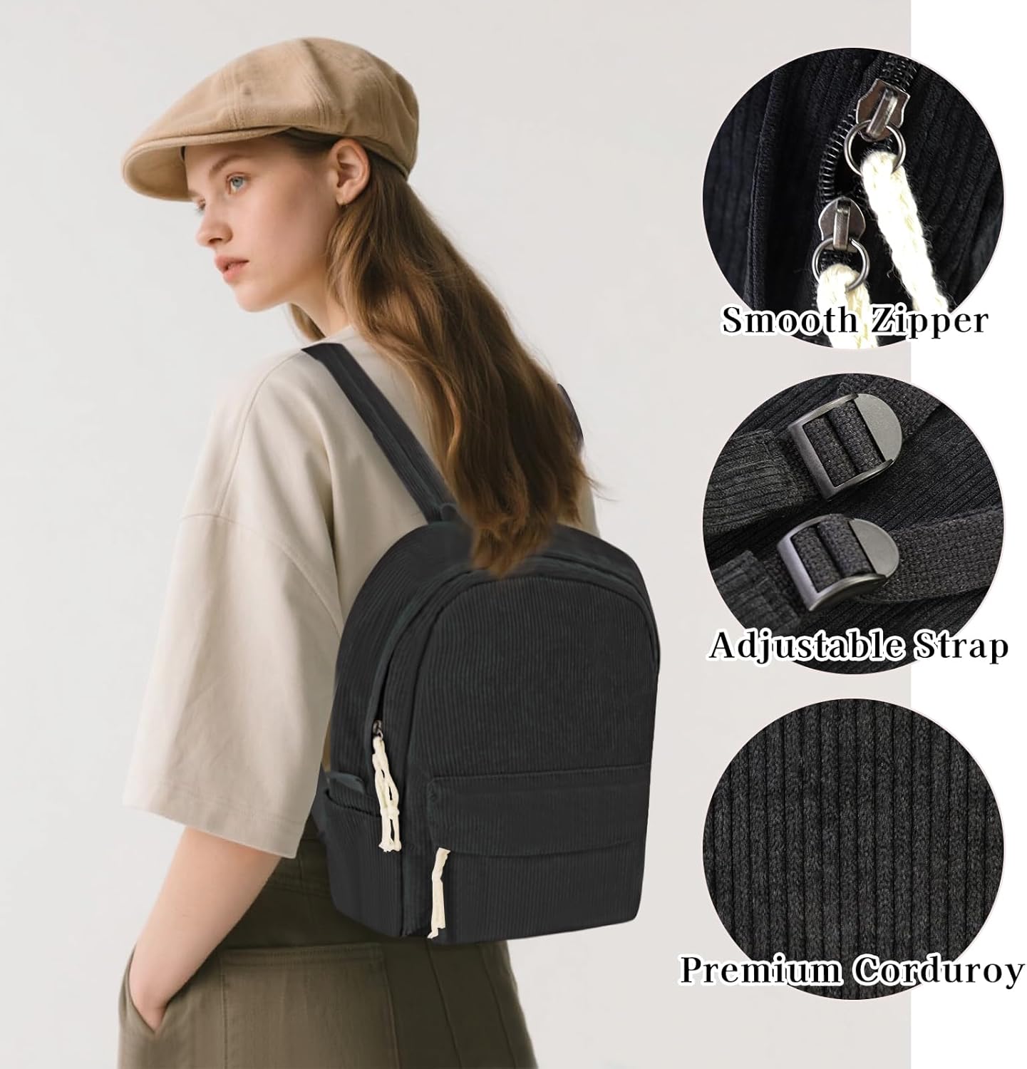 Corduroy Backpack, Lightweight Travel Backpack Large Capacity 15 Inch Laptop Backpack Purse Casual Travel Daypacks for Women (Black) - Image 3