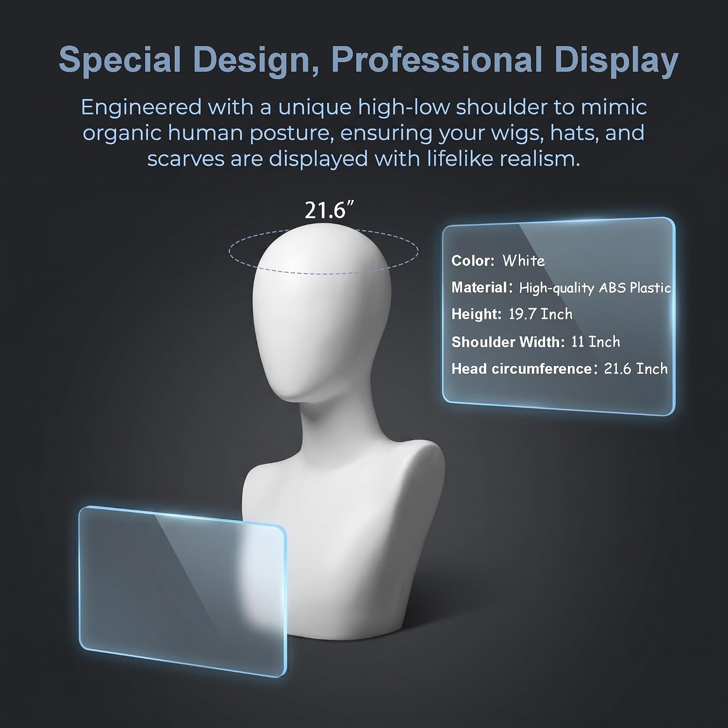 Professional Plastic Mannequin Head, 20 inches Tall Wig Head, Unisex Wig Head (with Neck), White Head Display Stand, Suitable for displaying Hats, Masks, Headwear, and Necklaces