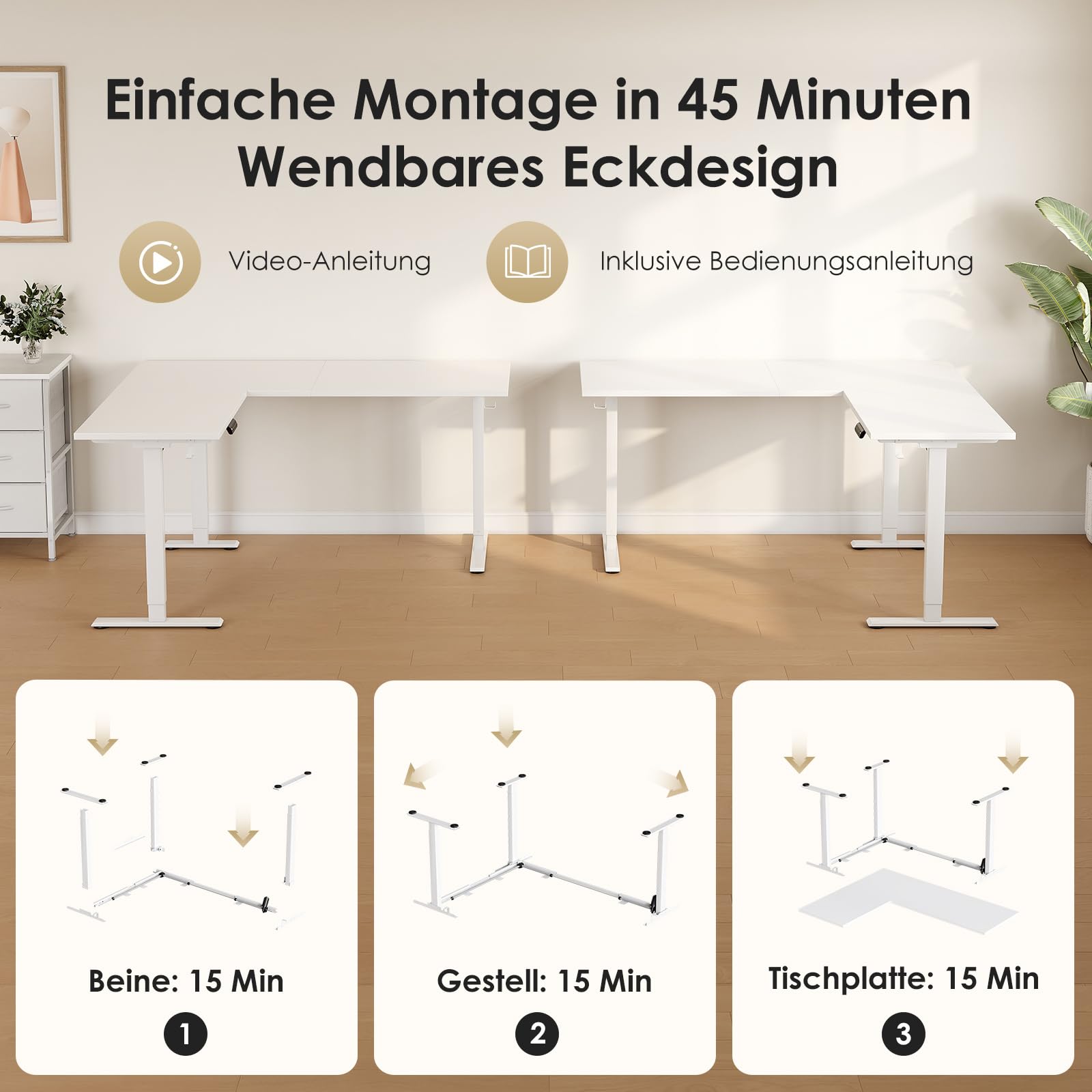 OffiGo Höhenverstellbarer Schreibtisch, 160 x 120 cm L-förmig Schreibtisch Höhenverstellbar Elektrisch, Eckschreibtisch Ergonomischer Steh-Sitz Tisch Computertisch, Weiß